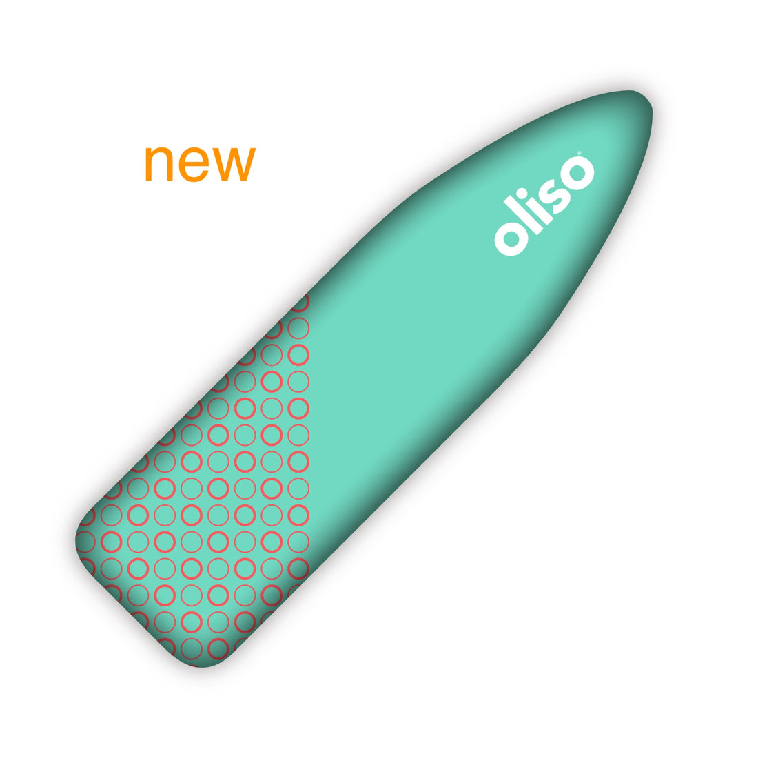 Oliso Aqua (blue) ironing board cover featuring a contrasting coral circle pattern and Oliso branding.