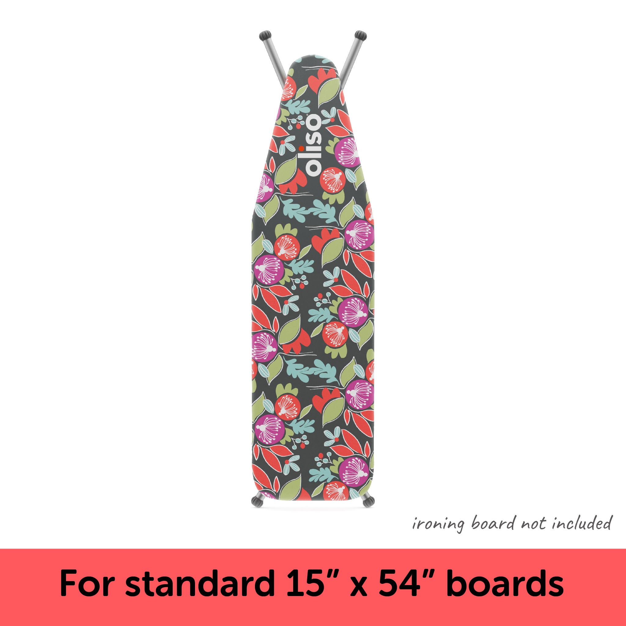 The Oliso Iron Board Cover showing that it fits on a standard 54" x 15" ironing board.