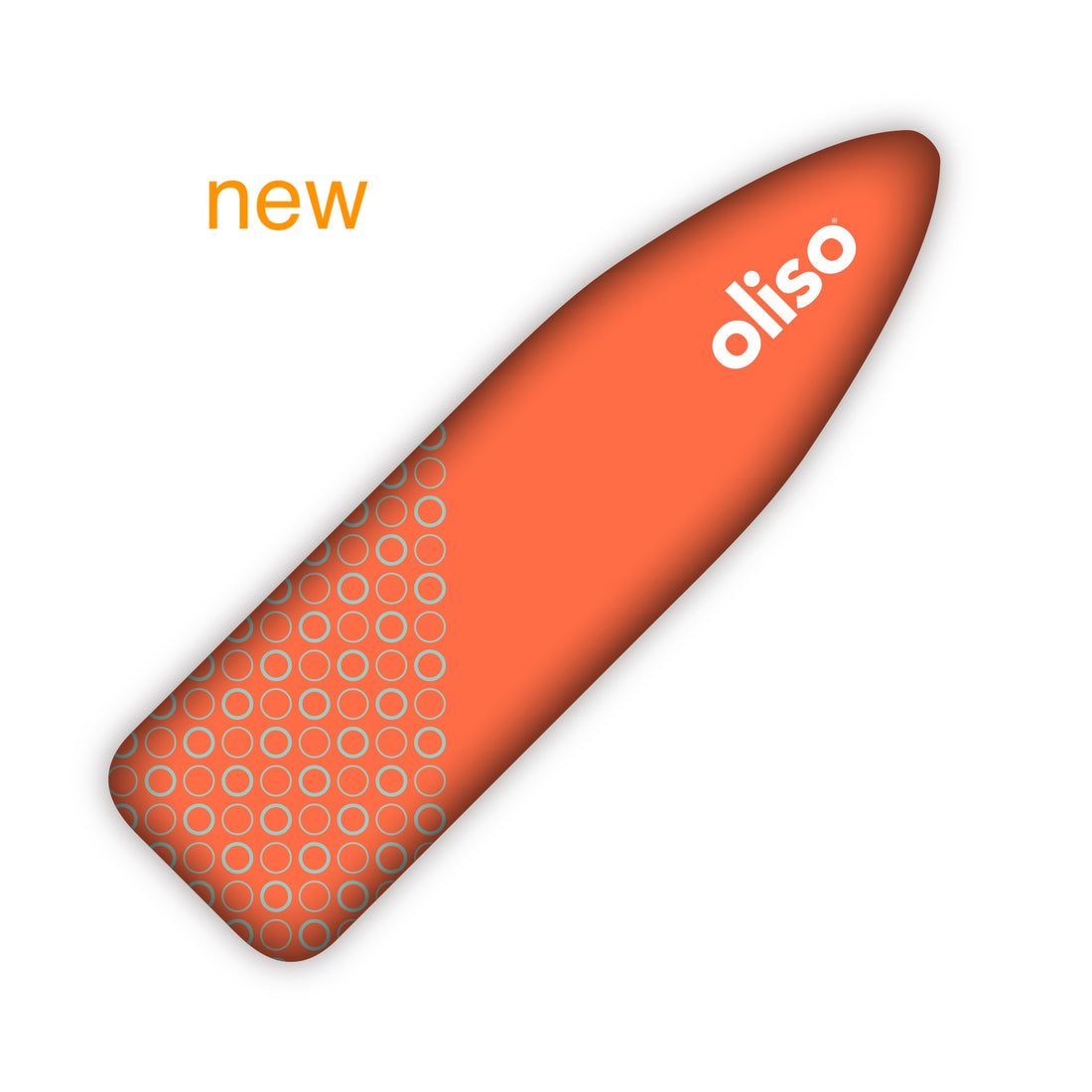 Oliso coral ironing board cover with contrasting aqua circle pattern, and oliso branding.
