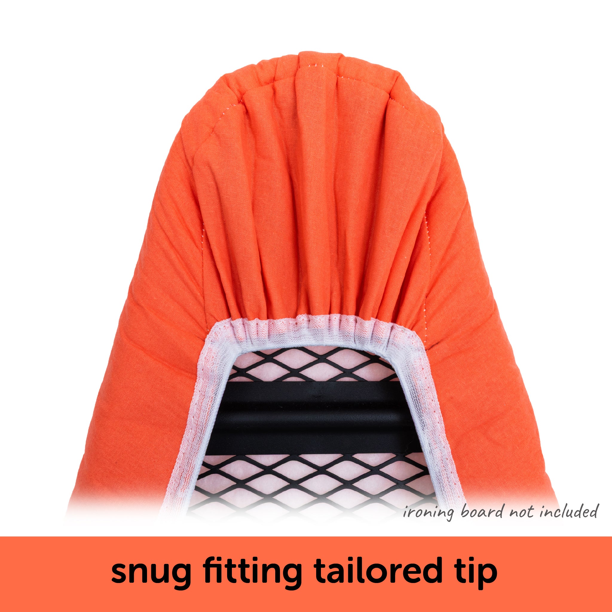 Close-up showing how the tailored nose of the Oliso ironing board cover fits neatly on a standard ironing board.