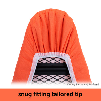 Close-up showing how the tailored nose of the Oliso ironing board cover fits neatly on a standard ironing board.