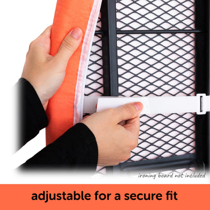 Hands showing how the hook and loop fastener straps adjust the oliso ironing board cover for a tight secure fit on a standard ironing board.