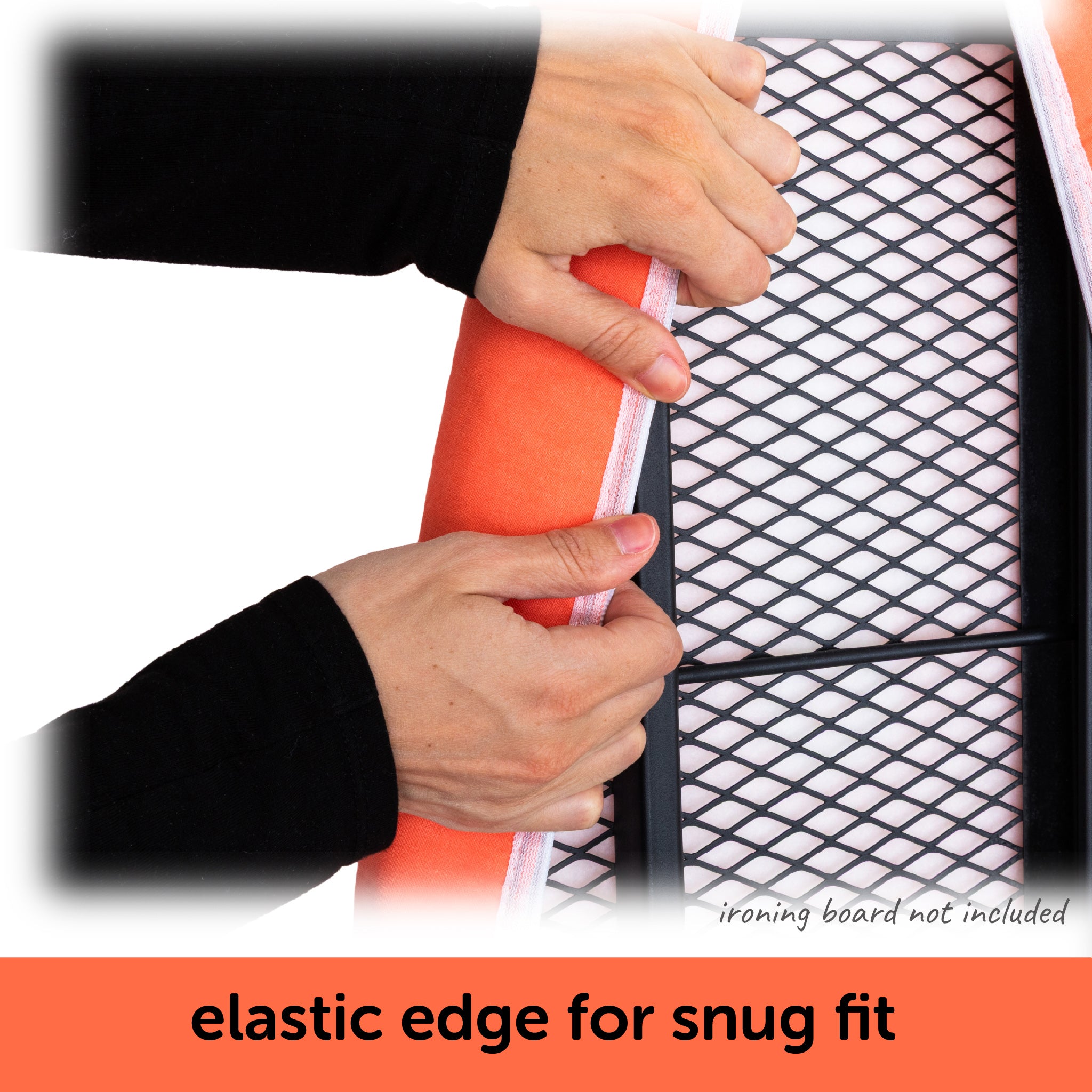 Hands showing the elastic edge of an oliso ironing board cover that ensures a snug fit on a standard ironing board.