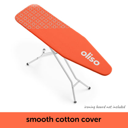 Oliso coral ironing board cover with oliso branding on a standard ironing board.