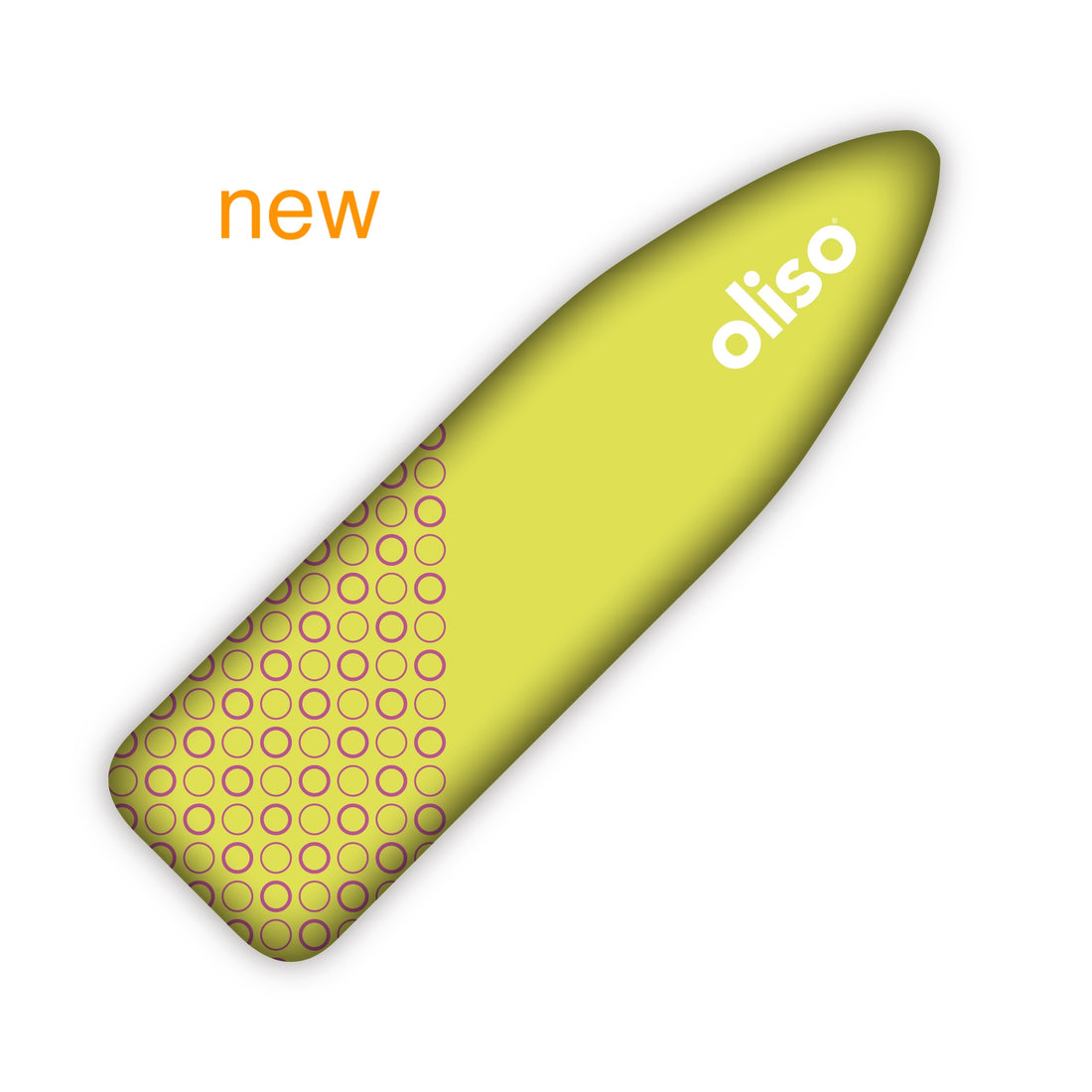 Oliso pistachio ironing board cover with contrasting raspberry circle pattern, and oliso branding.