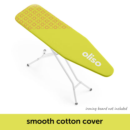 Oliso pistachio (green) ironing board cover with oliso branding on a standard ironing board. Sold separately.