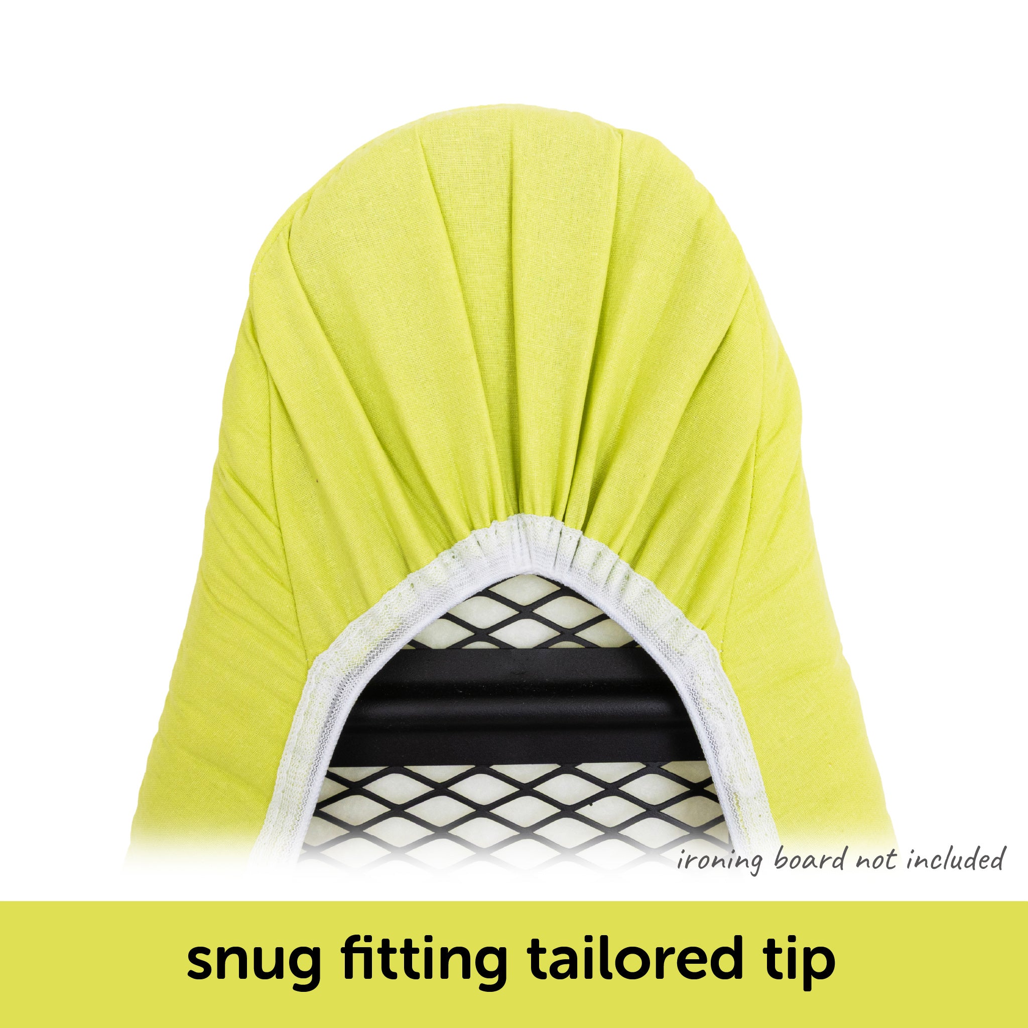 Close-up showing how the tailored nose of the Oliso ironing board cover fits neatly on a standard ironing board.