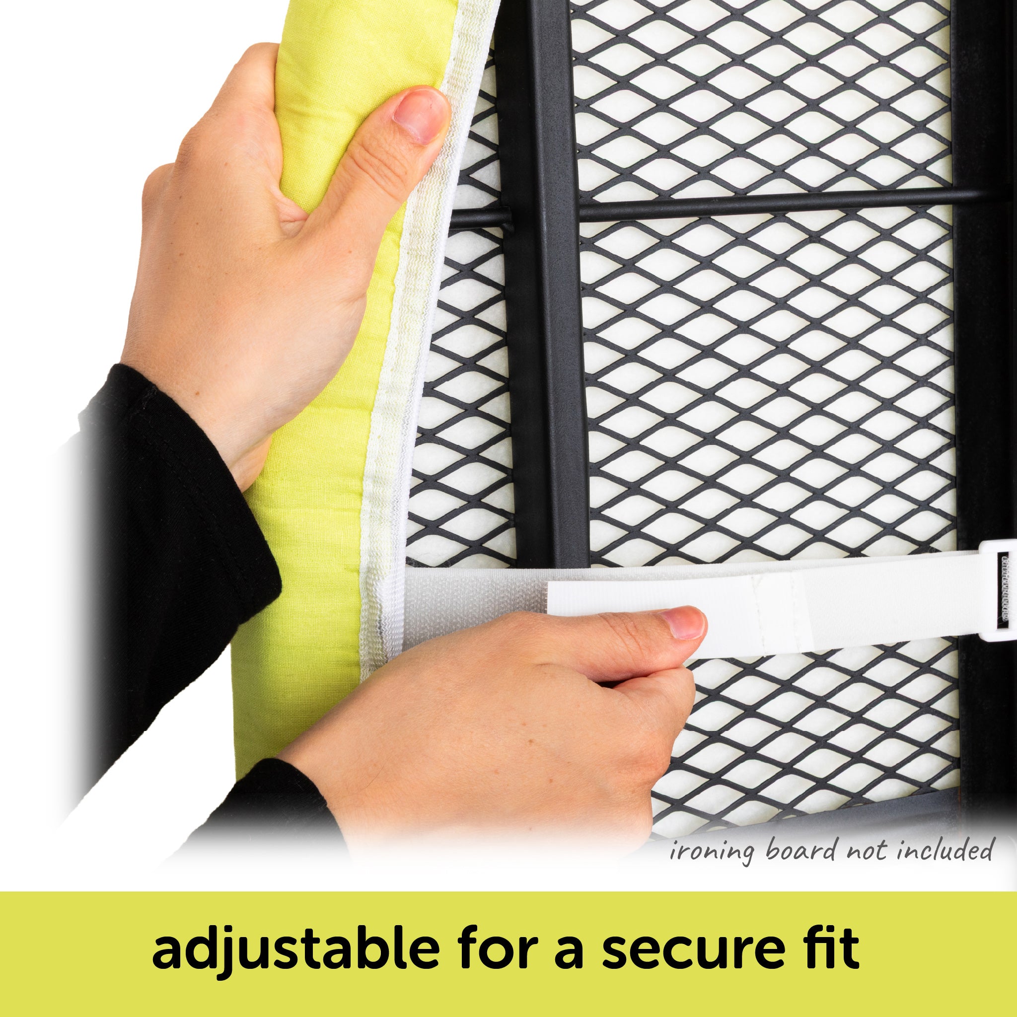 Hands showing how the hook and loop fastener straps adjust the oliso ironing board cover for a tight, secure fit on a standard ironing board.
