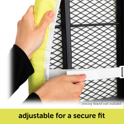 Hands showing how the hook and loop fastener straps adjust the oliso ironing board cover for a tight, secure fit on a standard ironing board.