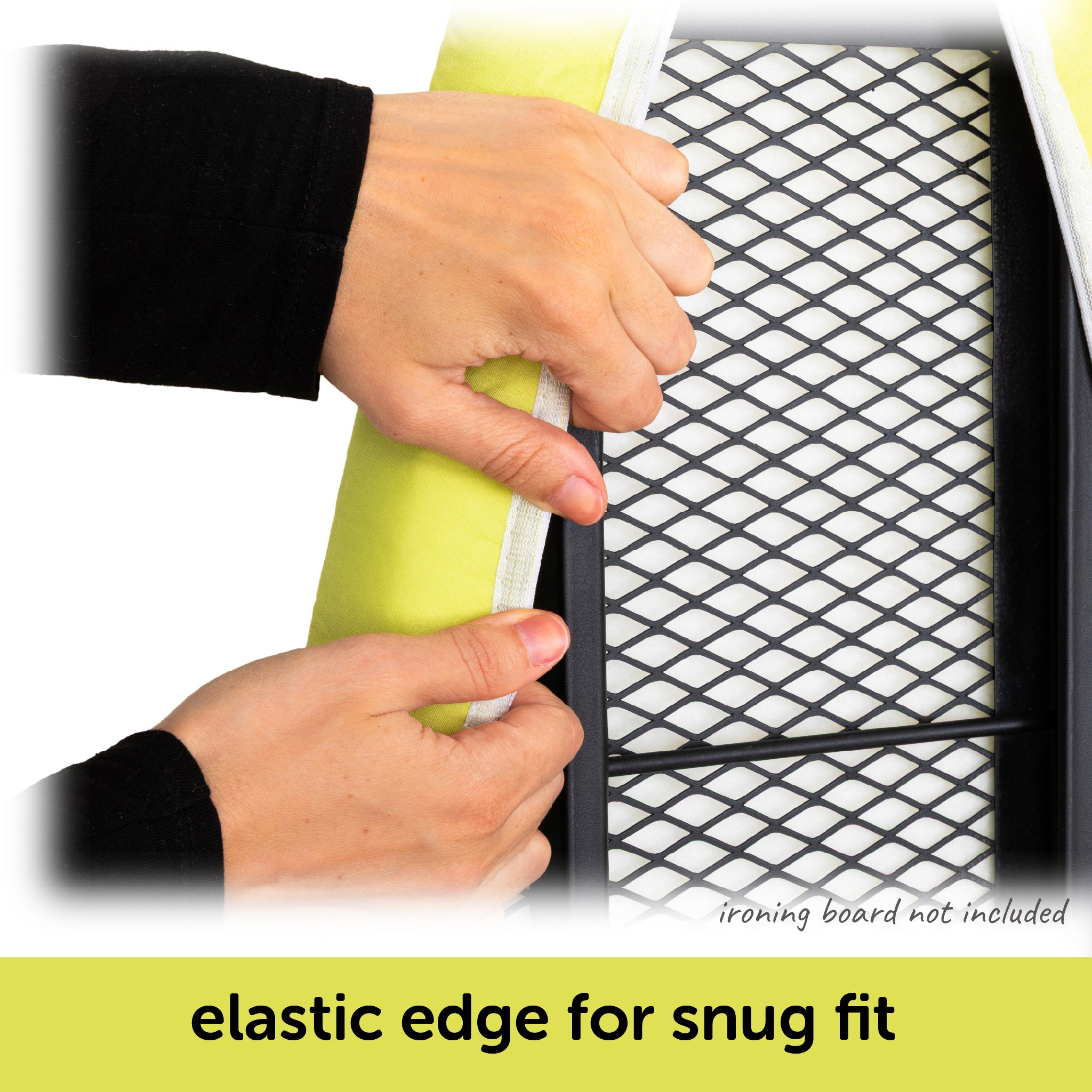 Hands showing the elastic edge of an oliso ironing board cover that ensures a snug fit on a standard ironing board.