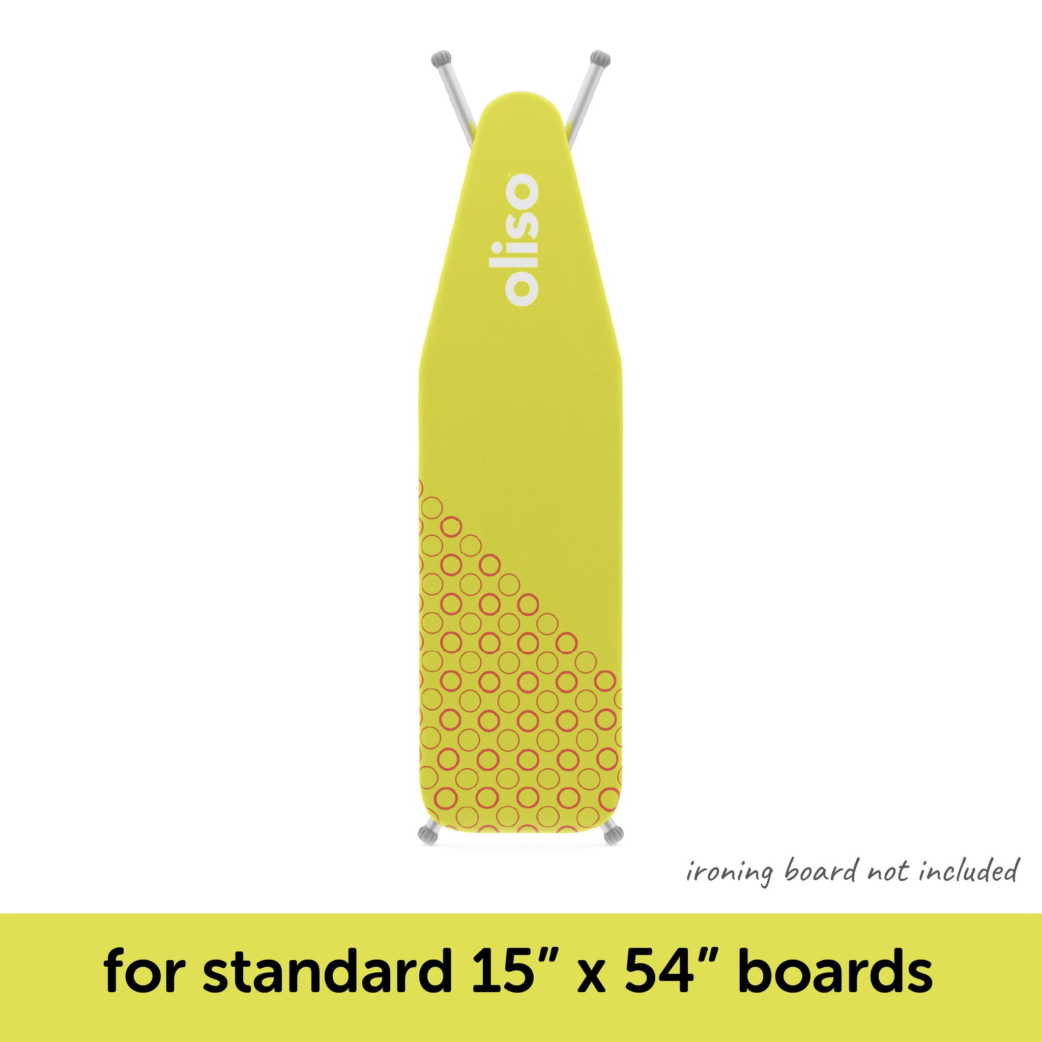 Pistachio (green) oliso ironing board cover shown on a standard 15" x 54" ironing board, which is not included with the cover.