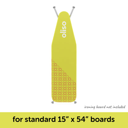 Pistachio (green) oliso ironing board cover shown on a standard 15&quot; x 54&quot; ironing board, which is not included with the cover.