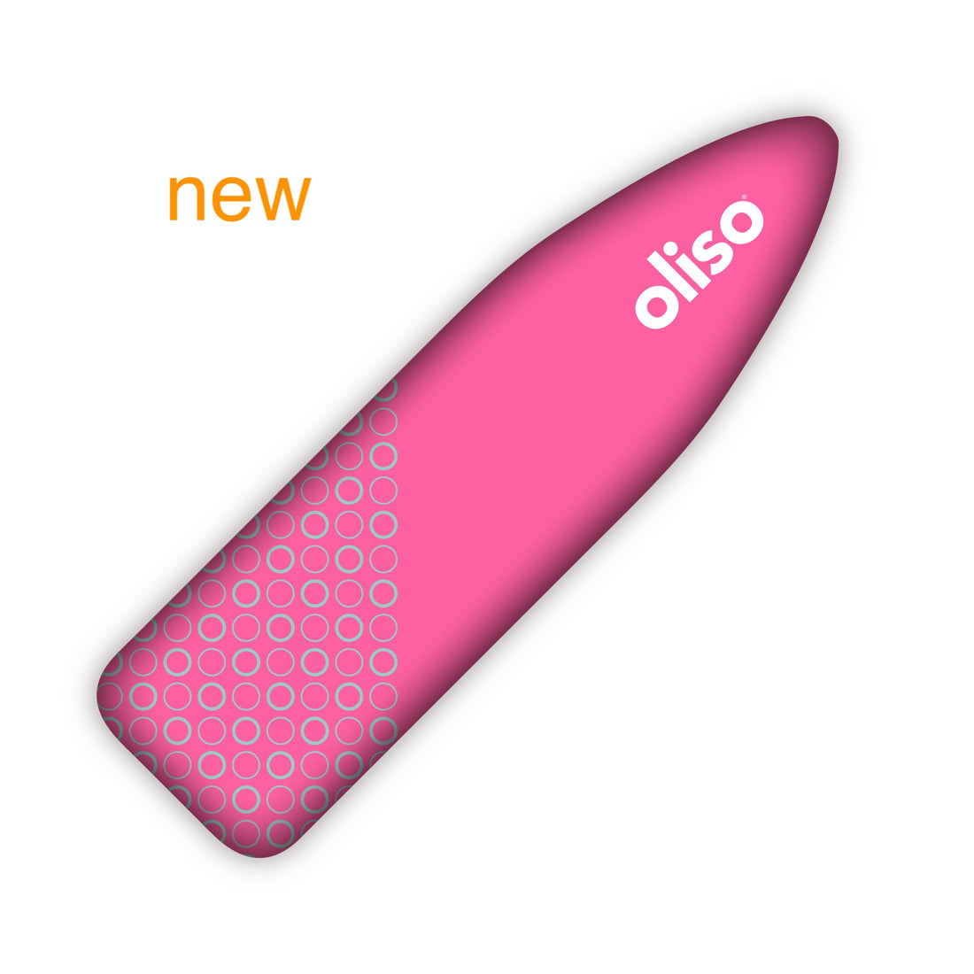 Oliso raspberry ironing board cover with contrasting apistachio circle pattern, and oliso branding.