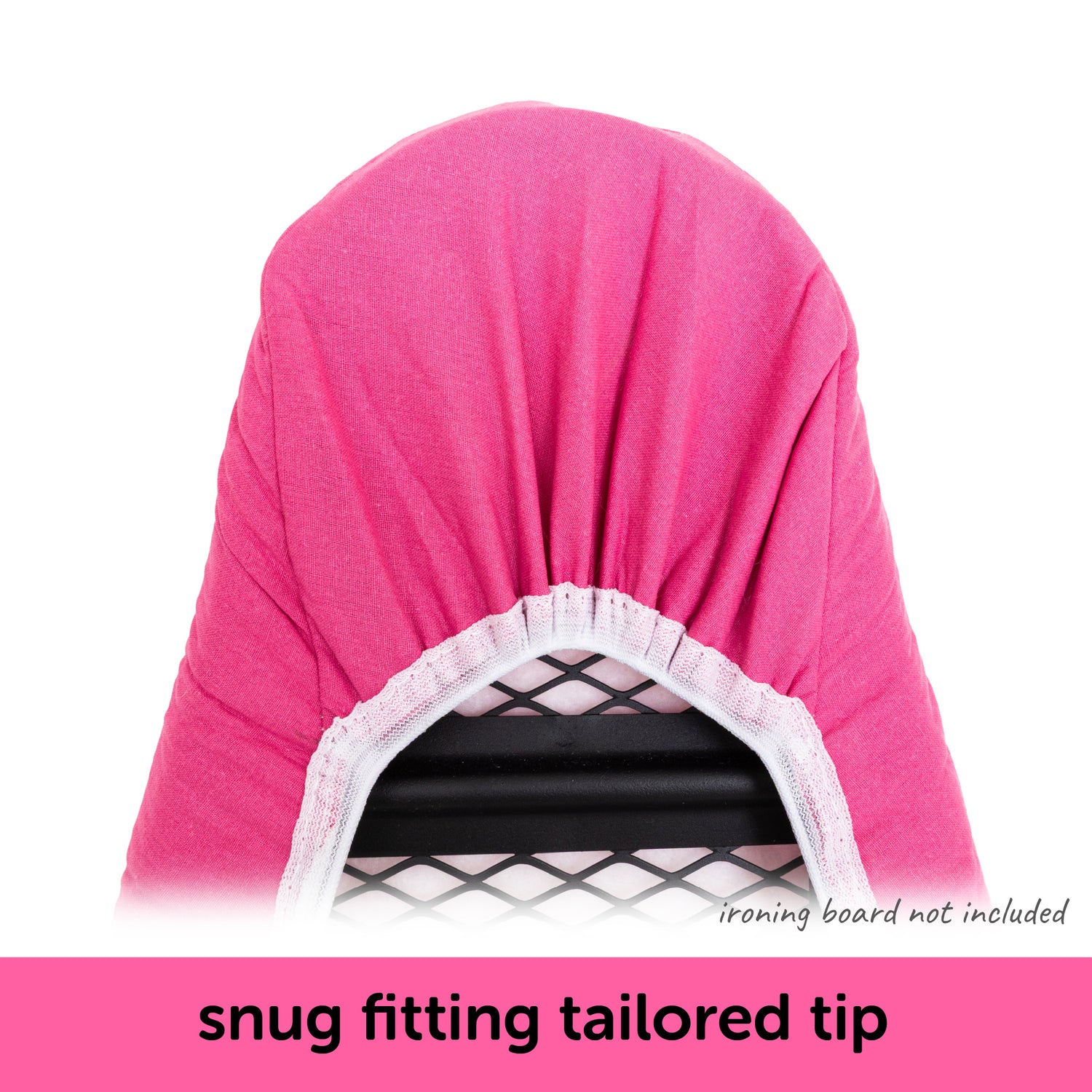 Close up showing how the tailored nose of  the oliso ironing board cover fits neatly on a standard ironiing board.