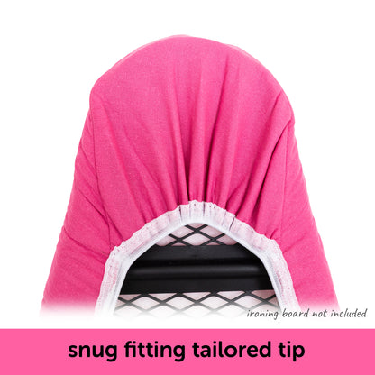 Close up showing how the tailored nose of  the oliso ironing board cover fits neatly on a standard ironiing board.