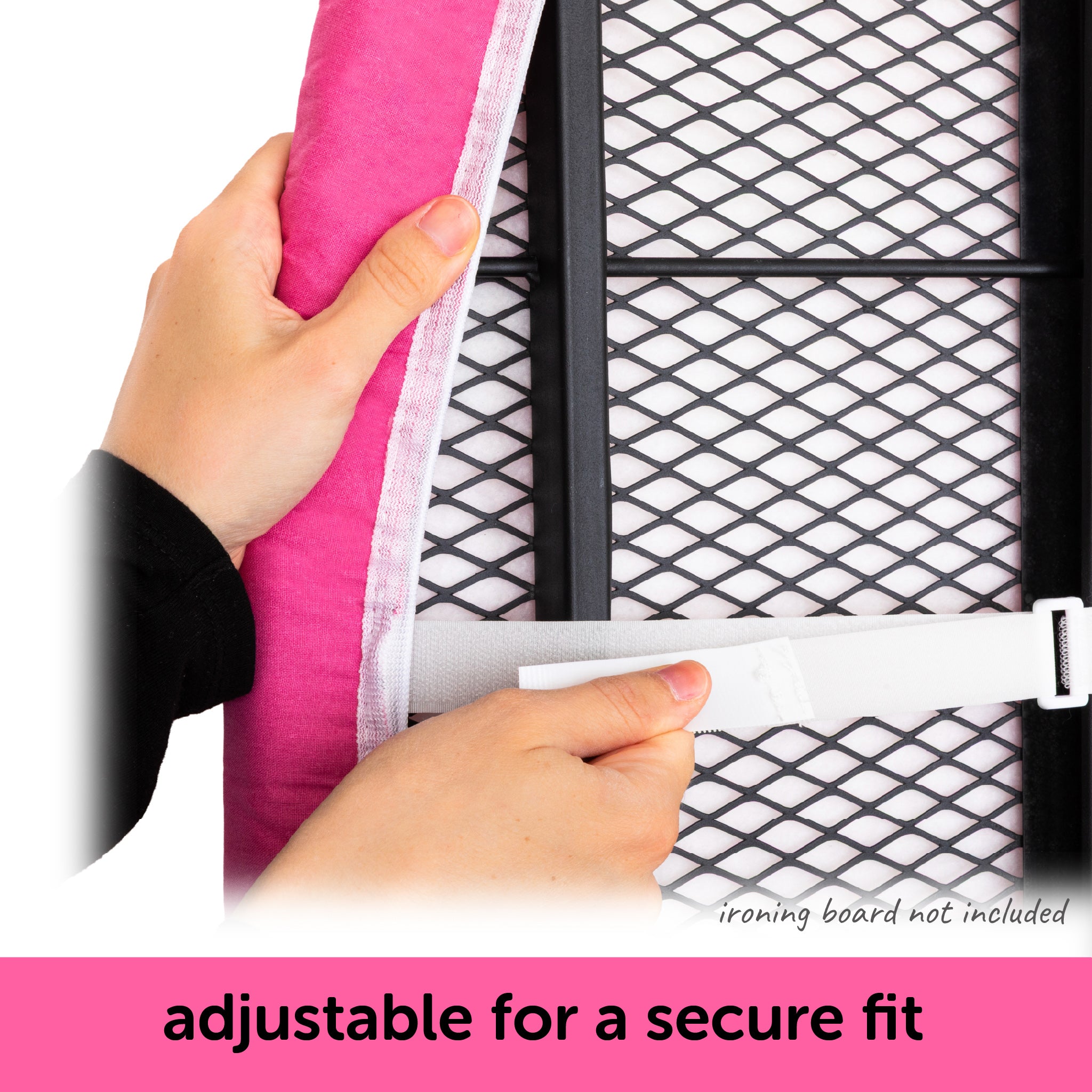 Hands showing how the hook and loop fastener straps adjust the oliso ironing board cover for a tight, secure fit on a standard ironing board.