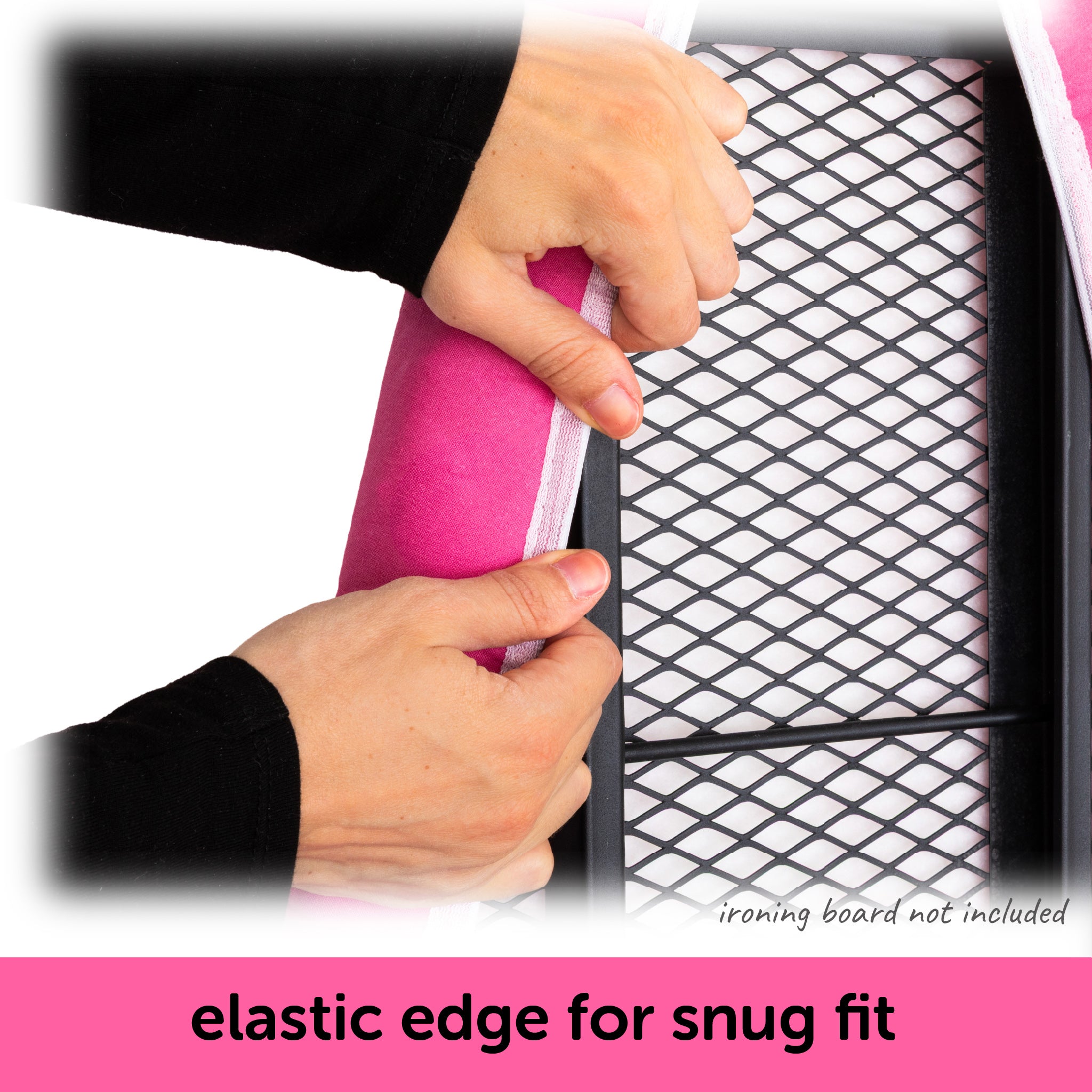 Hands showing the elastic edge of an oliso ironing board cover that ensures a snug fit on a standard ironing board.