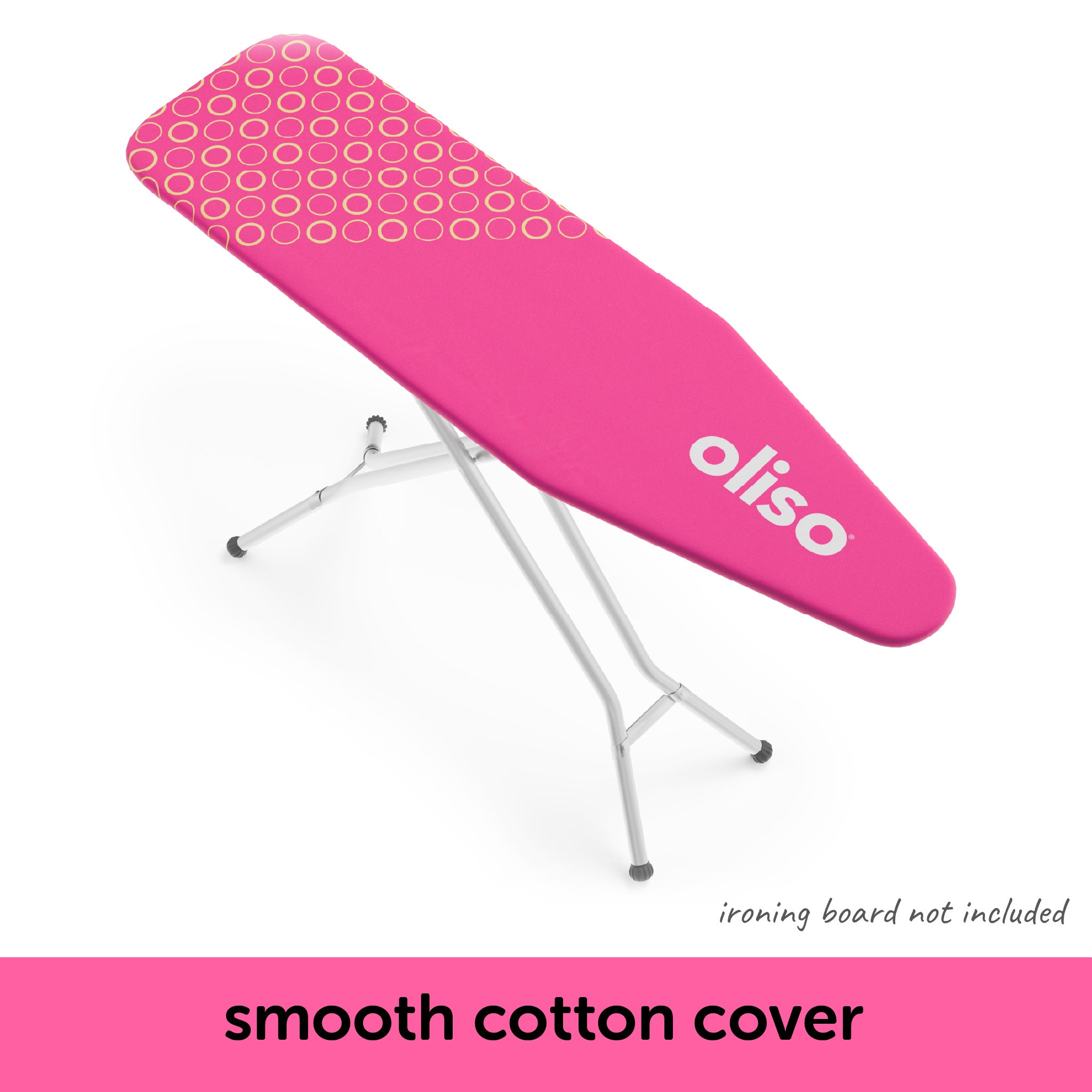 Raspberry (pink) ironing board cover with oliso branding on a standard ironing board.