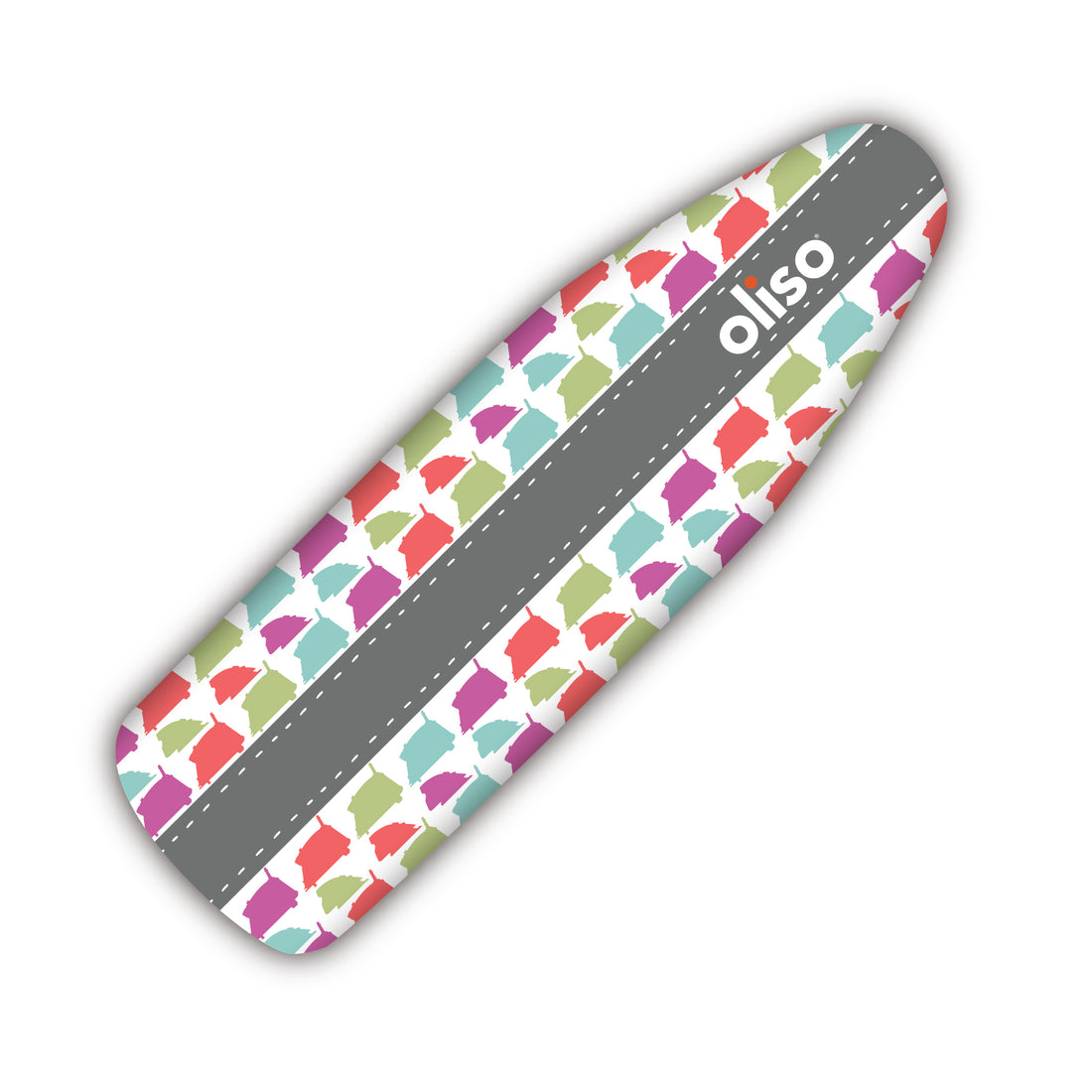 Rows of Oliso iron silhouettes adorn the iron board cover, featuring the colors of the M3Pro project irons; coral, aqua, and pistachio.