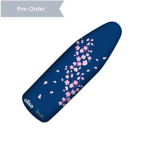 Oliso 100% cotton ironing board cover featuring a cherry blossom design on a rich midnight blue background. Durable, smooth, and ideal for sewing, quilting, and creating cosplay costumes.