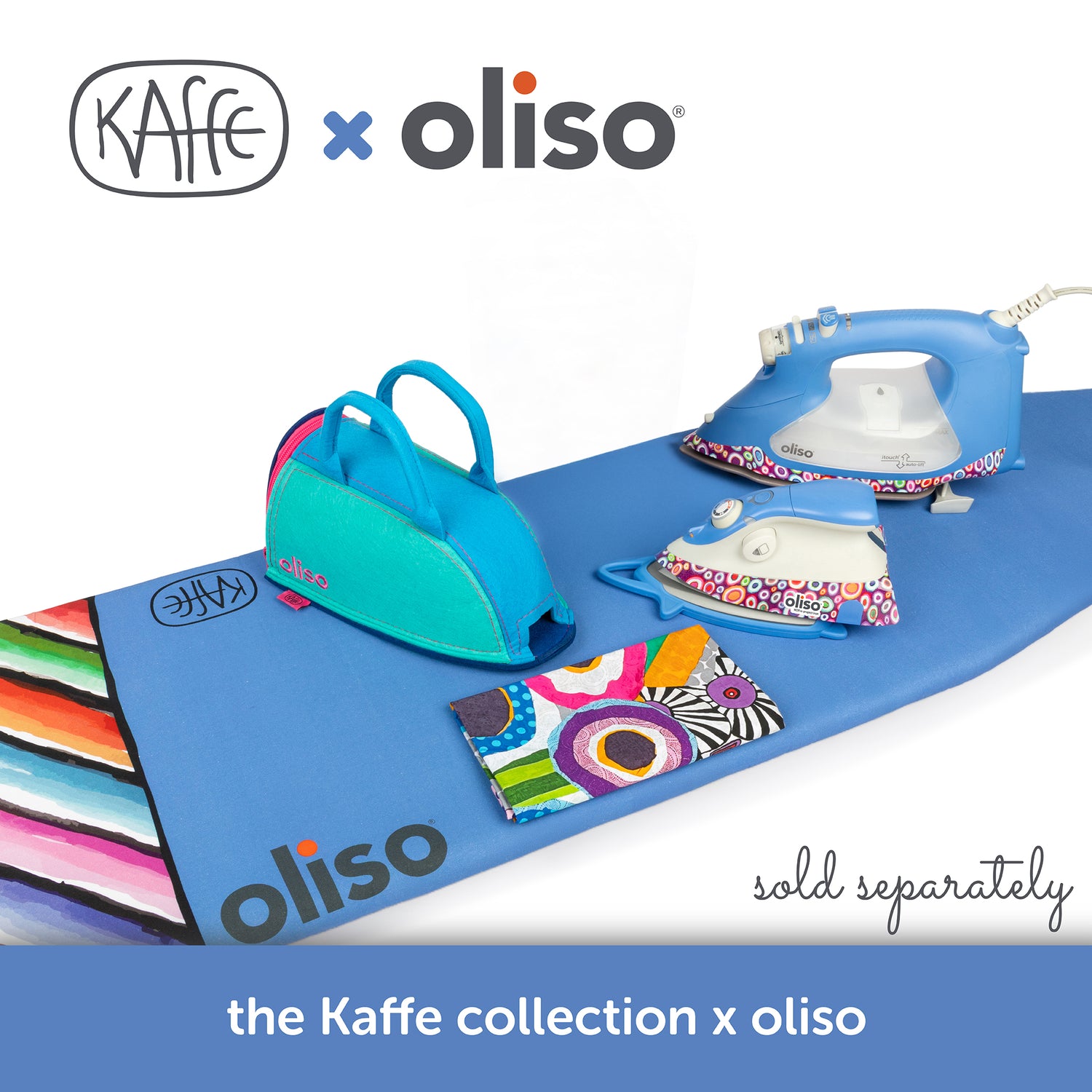 Complete Kaffe Collection by Oliso – vibrant irons and accessories for quilters and sewists, featuring Smart Iron, M3Pro, and matching fabric tools