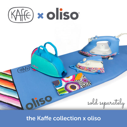 The Kaffe x Oliso collection of irons and pressing gear: Smart iron, M3Pro project iron, carry bag, ironing board cover and tea towel. Each sold separately.