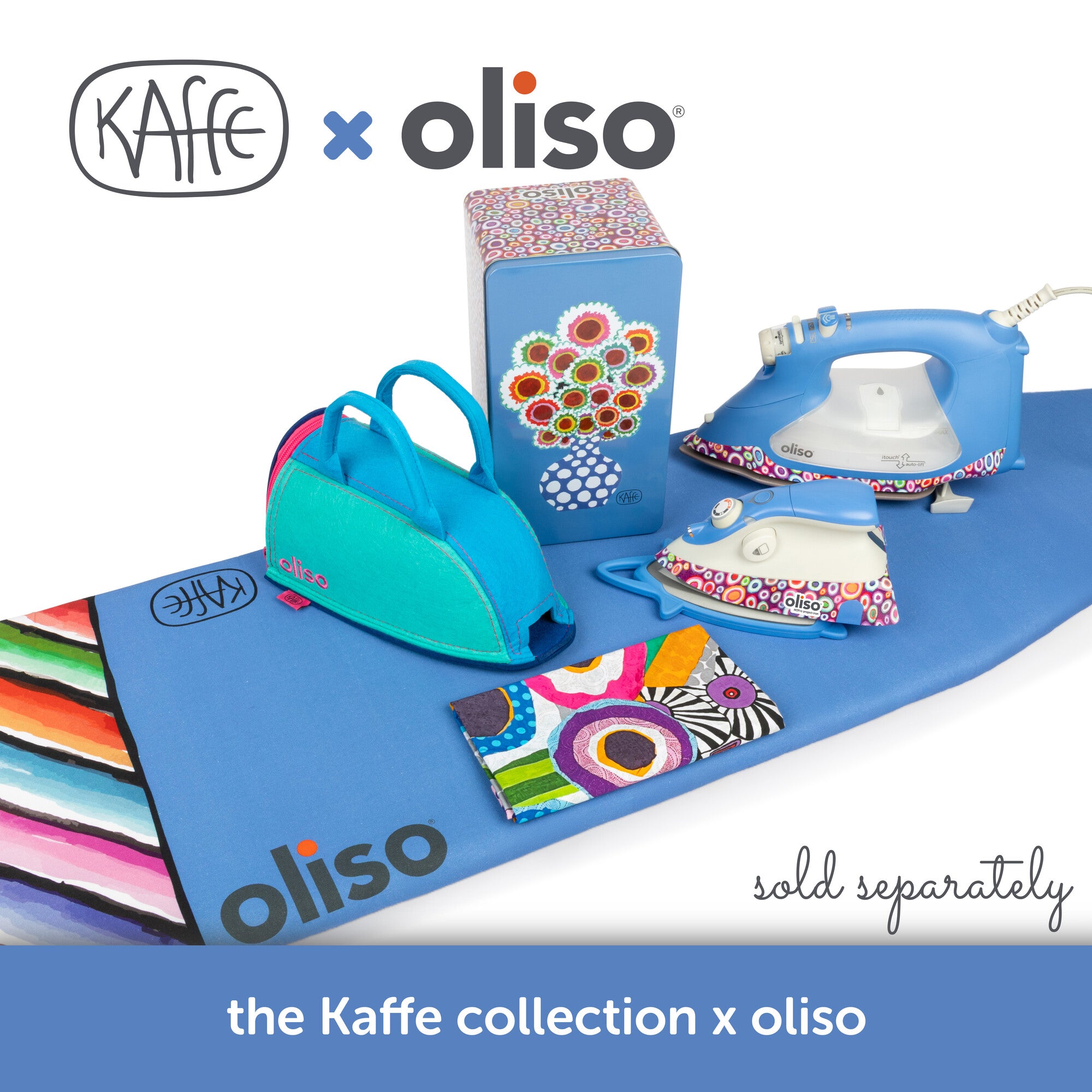 Complete Kaffe Collection by Oliso – vibrant irons and accessories for quilters and sewists, featuring Smart Iron, M3Pro, and matching fabric tools