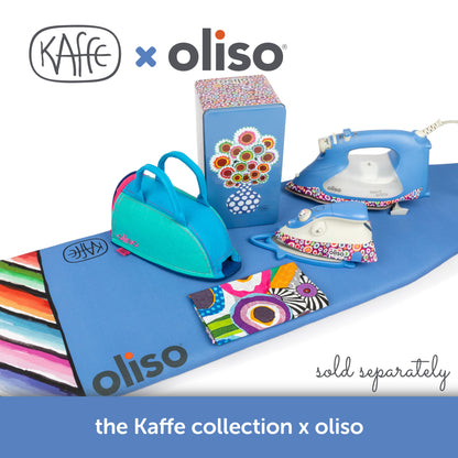 Complete Kaffe Collection by Oliso – vibrant irons and accessories for quilters and sewists, featuring Smart Iron, M3Pro, and matching fabric tools