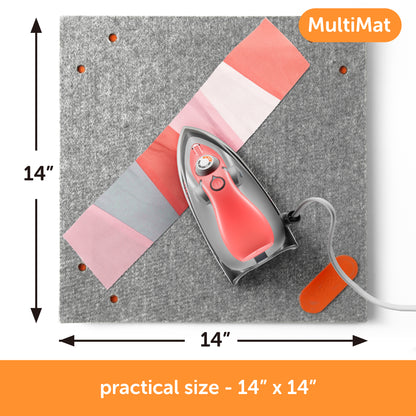 Content Description: &quot;Oliso MultiMat wool pressing mat shown with 14 x 14 inch practical dimensions marked by arrows. Includes coral M3Pro iron (sold separately).&quot;