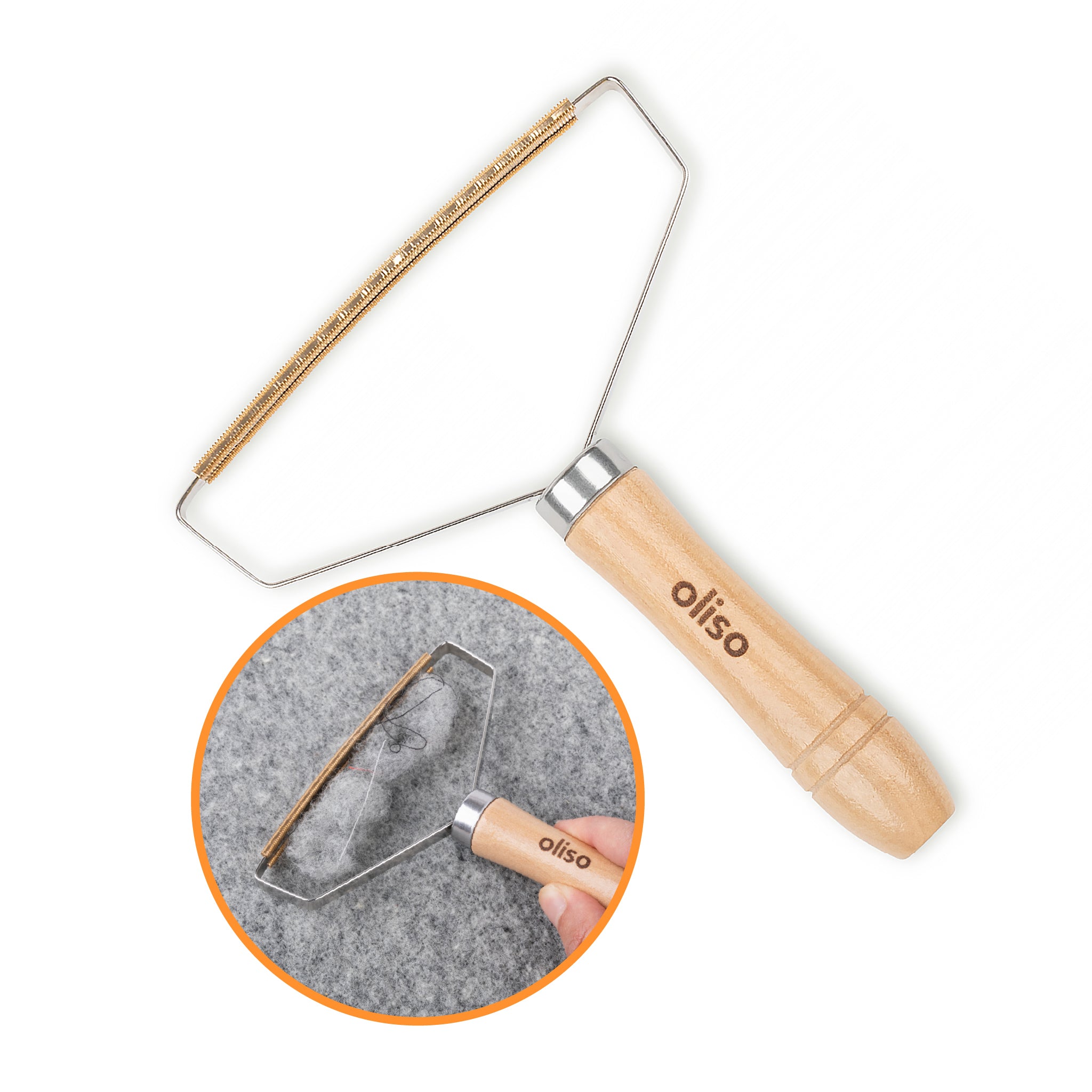 Oliso MultiMat cleaning tool with wooden handle shown in use, lifting loose fibers and threads from a wool pressing mat.