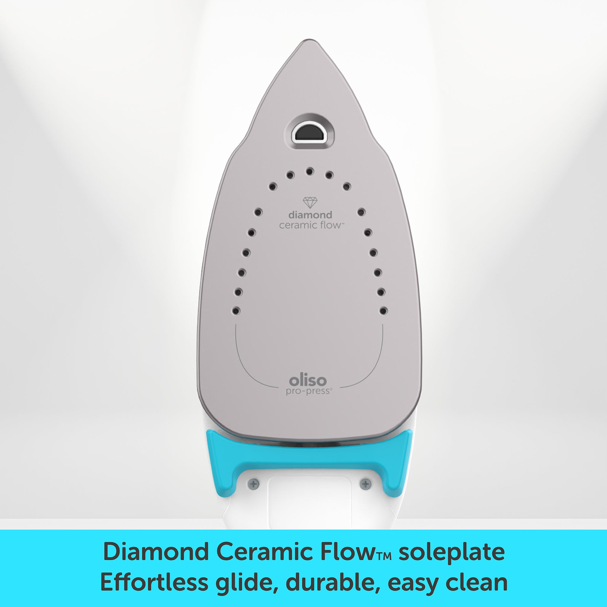ProPlus iron soleplate with call outs of its many features; durable, smooth ceramic surface. easy to clean even when using fusible, large flat pressing area, powerful even steam for pressing, 2 inch detailing tip.