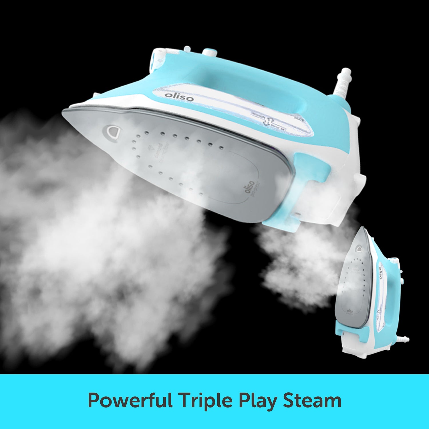 The ProPlus iron lift showing it powerful burst of steam, that can also be used vertically. With a icon calling out the ProPlus zero-drip system.