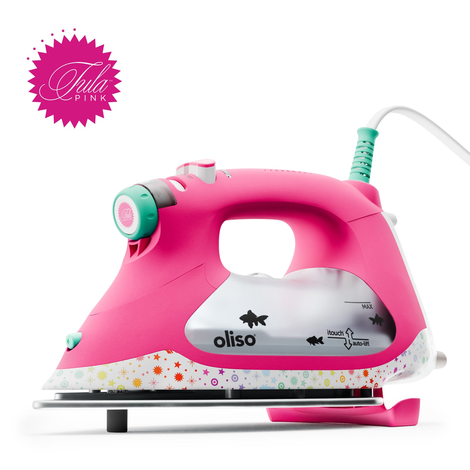 Exclusive Tula Pink x Oliso Iron features goldfish from her Besties print, Treading Water, it captures Tula&