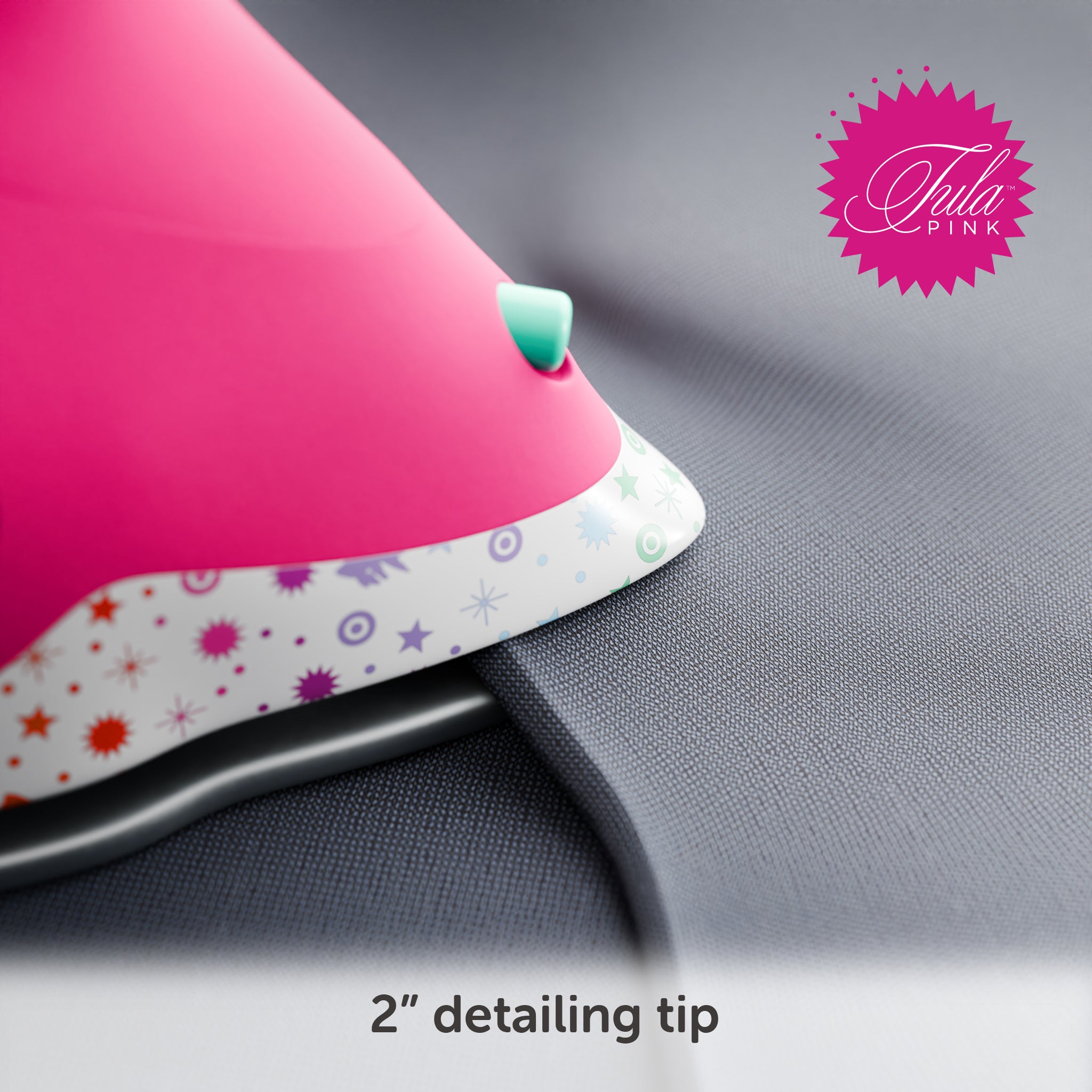 Close-up of the 2-inch detailing tip at the front of the iron for easy pressing of seams, collars, pockets, and pleats.