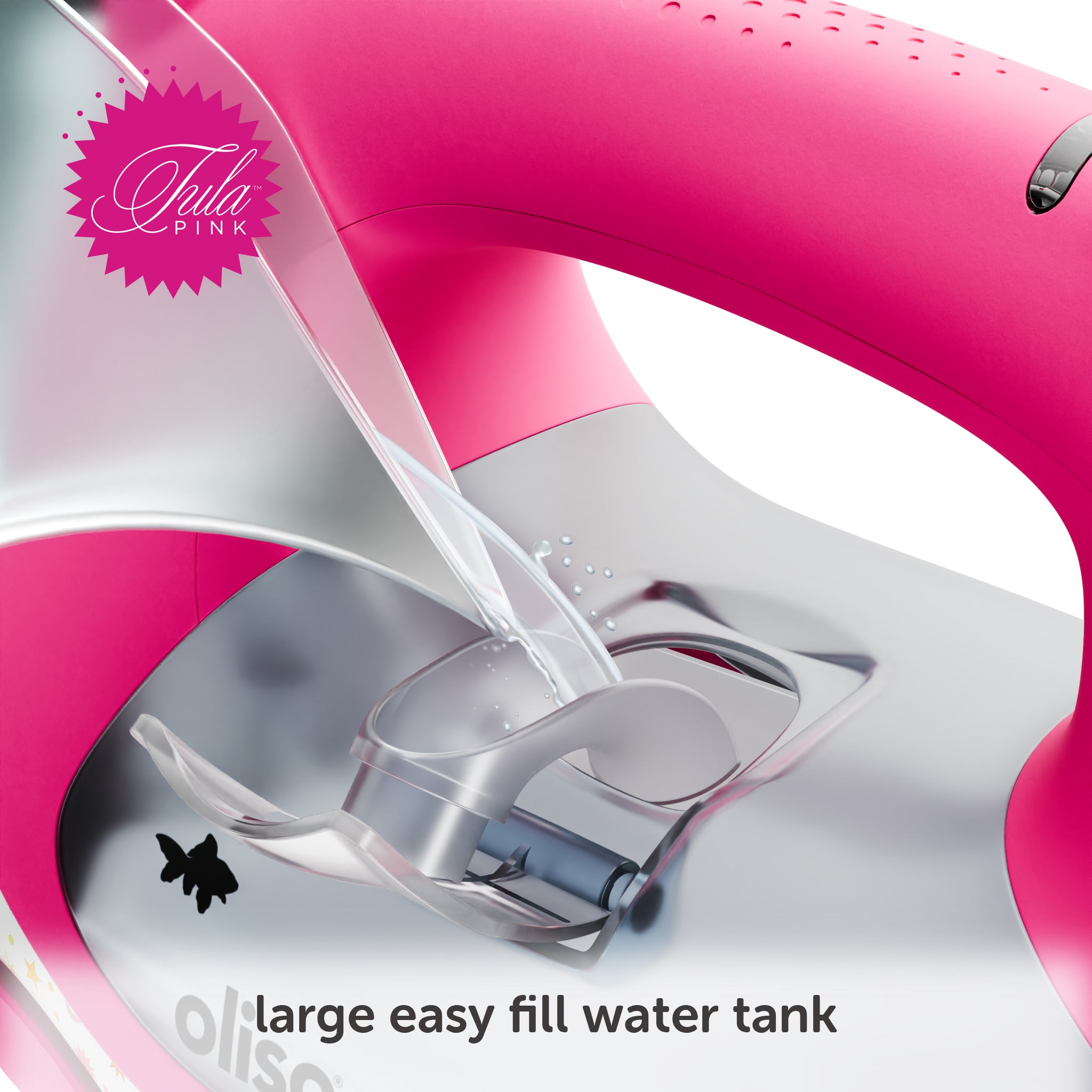 The large water tank with goldfish decals is easy to fill through the convenient side-filling door. 