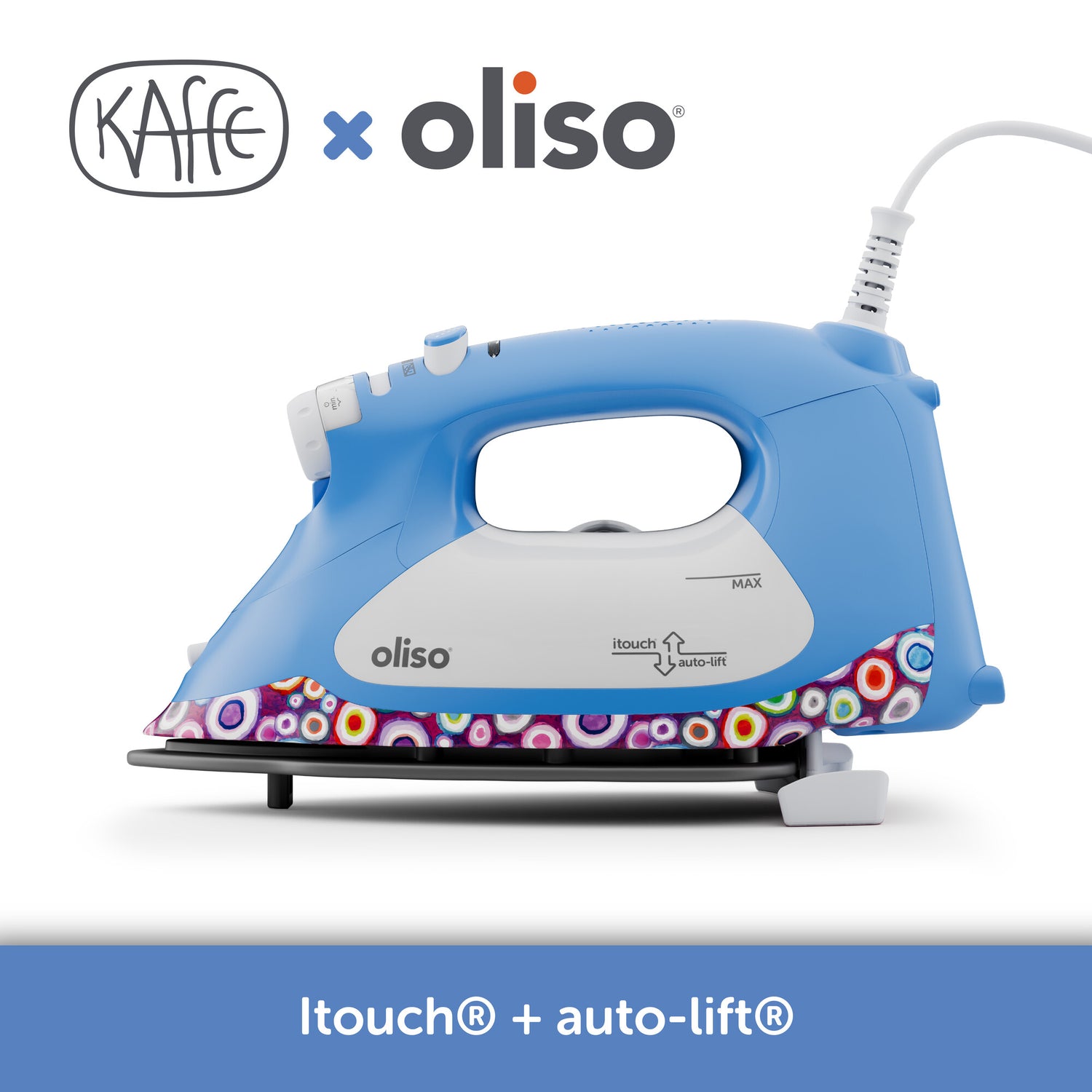 Oliso Kaffe ProPlus Smart Iron – limited edition design by Kaffe Fassett, vibrant patterned finish, smart touch technology, auto-lift system, precision ironing for quilting, sewing, and home projects.
