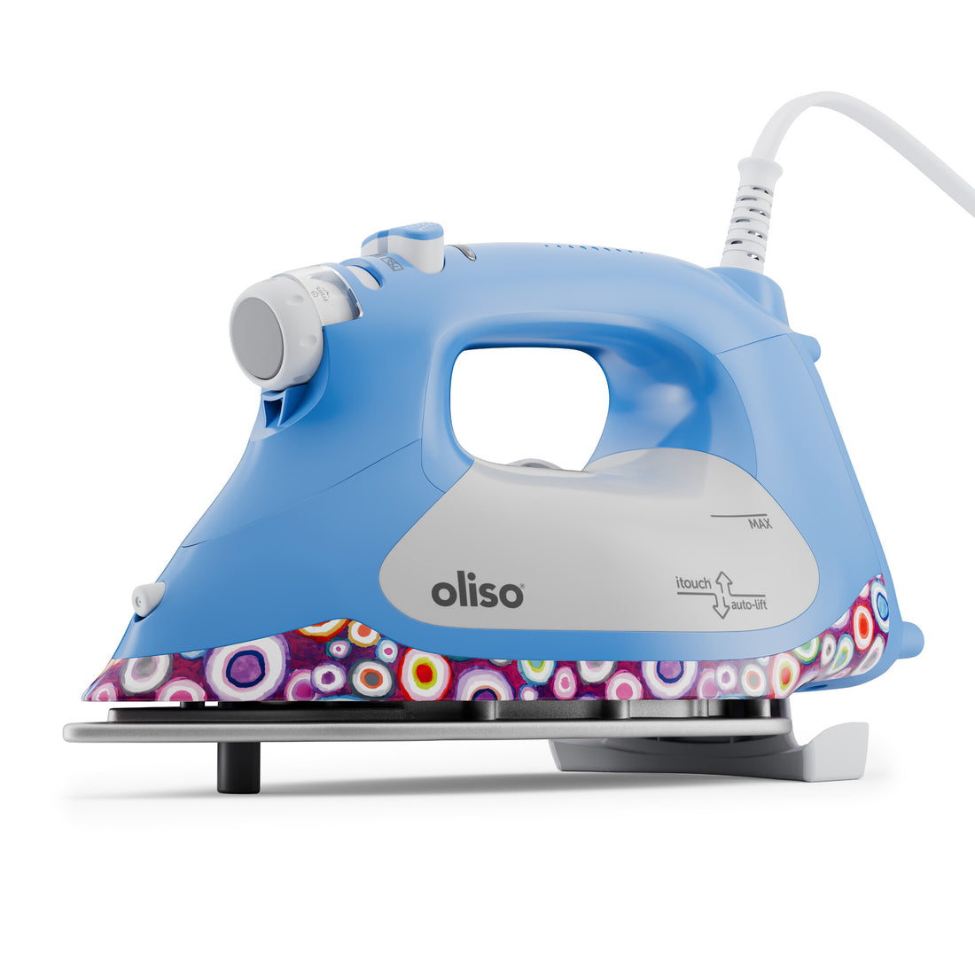 Oliso Kaffe ProPlus Smart Iron – limited edition design by Kaffe Fassett, vibrant patterned finish, smart touch technology, auto-lift system, precision ironing for quilting, sewing, and home projects.