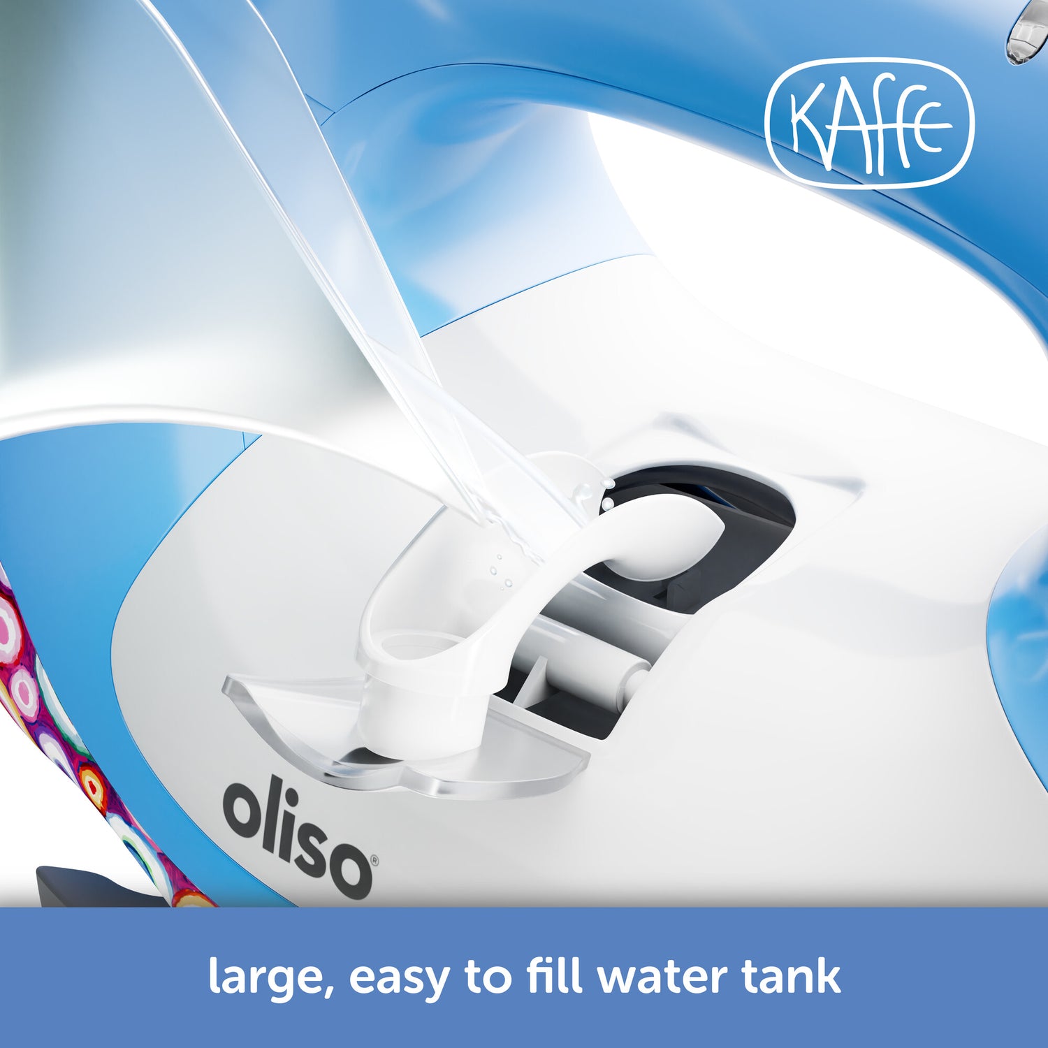 Oliso Kaffe ProPlus Smart Iron – limited edition design by Kaffe Fassett, vibrant patterned finish. Oliso irons feature a convenient easy-fill side door reservoir designed for tap water, making refilling fast, mess-free, and hassle-free for continuous steam performance