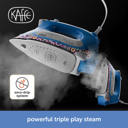 Oliso Kaffe ProPlus Smart Iron – limited edition design by Kaffe Fassett, vibrant patterned finish. Oliso’s Double Play Steam System delivers powerful continuous steam and precision bursts for faster, smoother wrinkle removal on all fabrics.