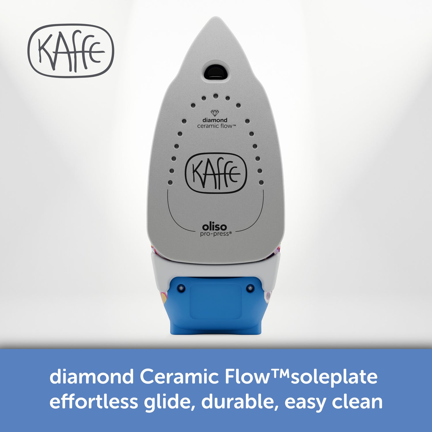 Oliso Kaffe ProPlus Smart Iron – limited edition design by Kaffe Fassett. Oliso’s Diamond Ceramic Soleplate glides effortlessly, resists scratches, and delivers even heat for powerful wrinkle removal. Its premium nonstick coating ensures smooth, snag-free ironing on all fabrics.