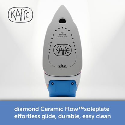 Oliso Kaffe ProPlus Smart Iron – limited edition design by Kaffe Fassett. Oliso’s Diamond Ceramic Soleplate glides effortlessly, resists scratches, and delivers even heat for powerful wrinkle removal. Its premium nonstick coating ensures smooth, snag-free ironing on all fabrics.