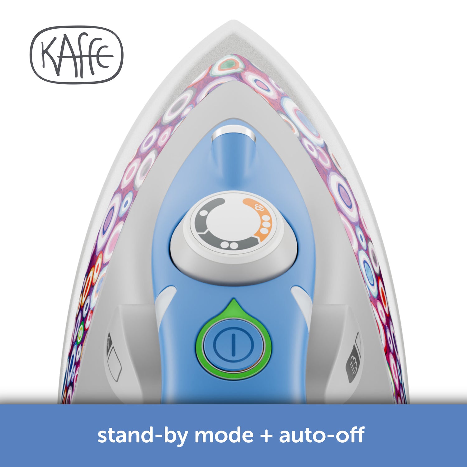 Cloes up of the Kaffe x Oliso M3Pro project Iron controls. Full range thermostat for accurate temperatue control, Standby switch and atatus indicator. With extended  30 minute auto-off.