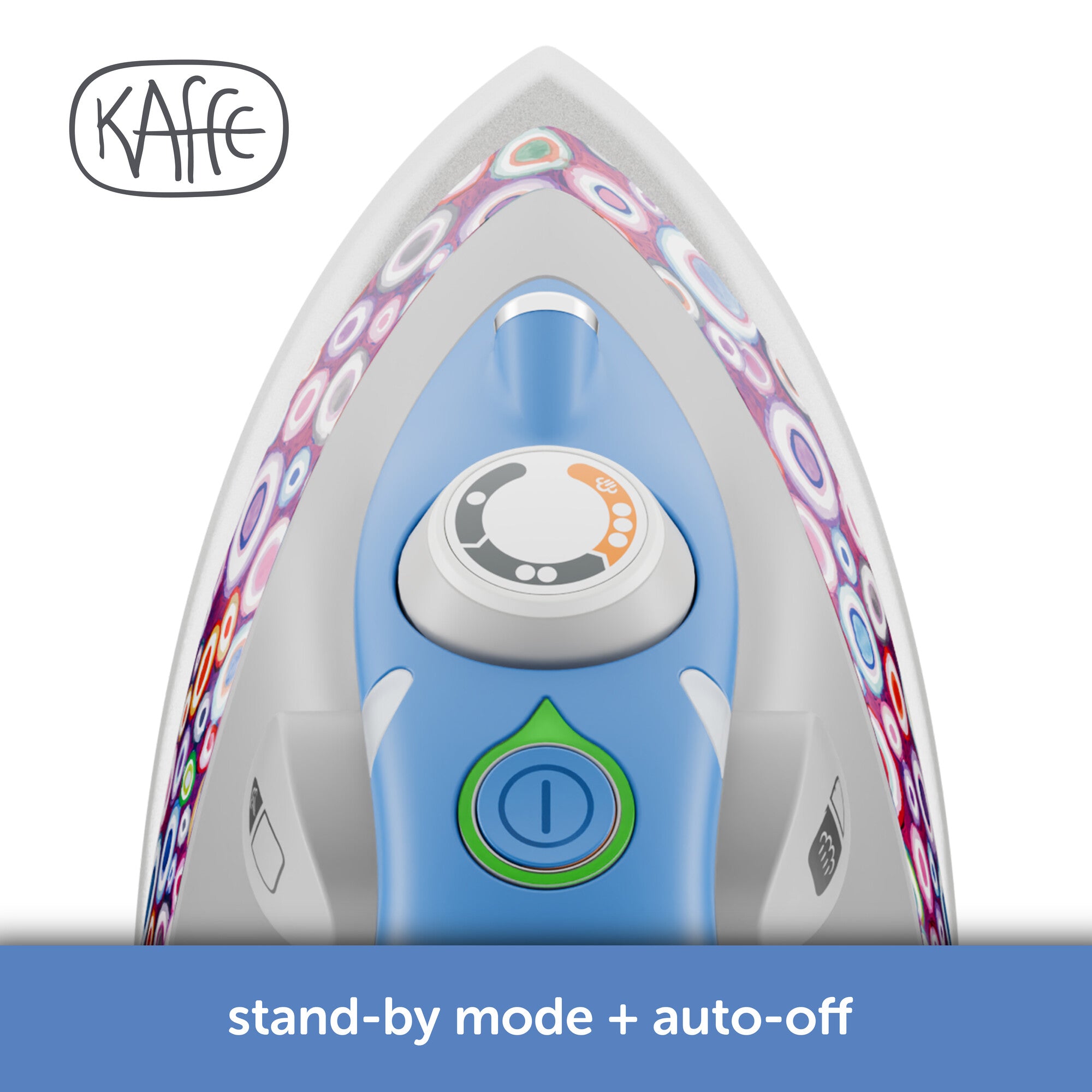Cloes up of the Kaffe x Oliso M3Pro project Iron controls. Full range thermostat for accurate temperatue control, Standby switch and atatus indicator. With extended  30 minute auto-off.