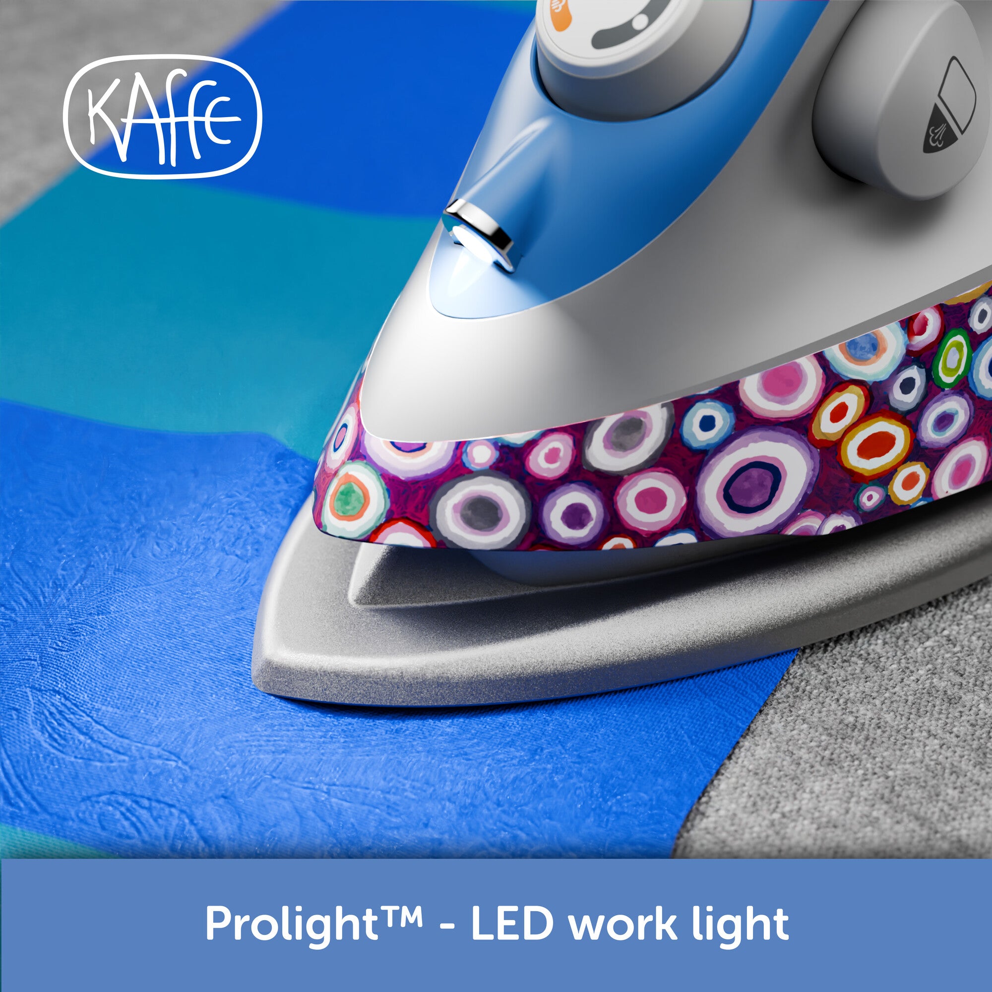 Close up of the Kaffe x Oliso M3Pro project Iron,  showing the ProLight LED work light. Making it easier to see and work even teh smalestes details.