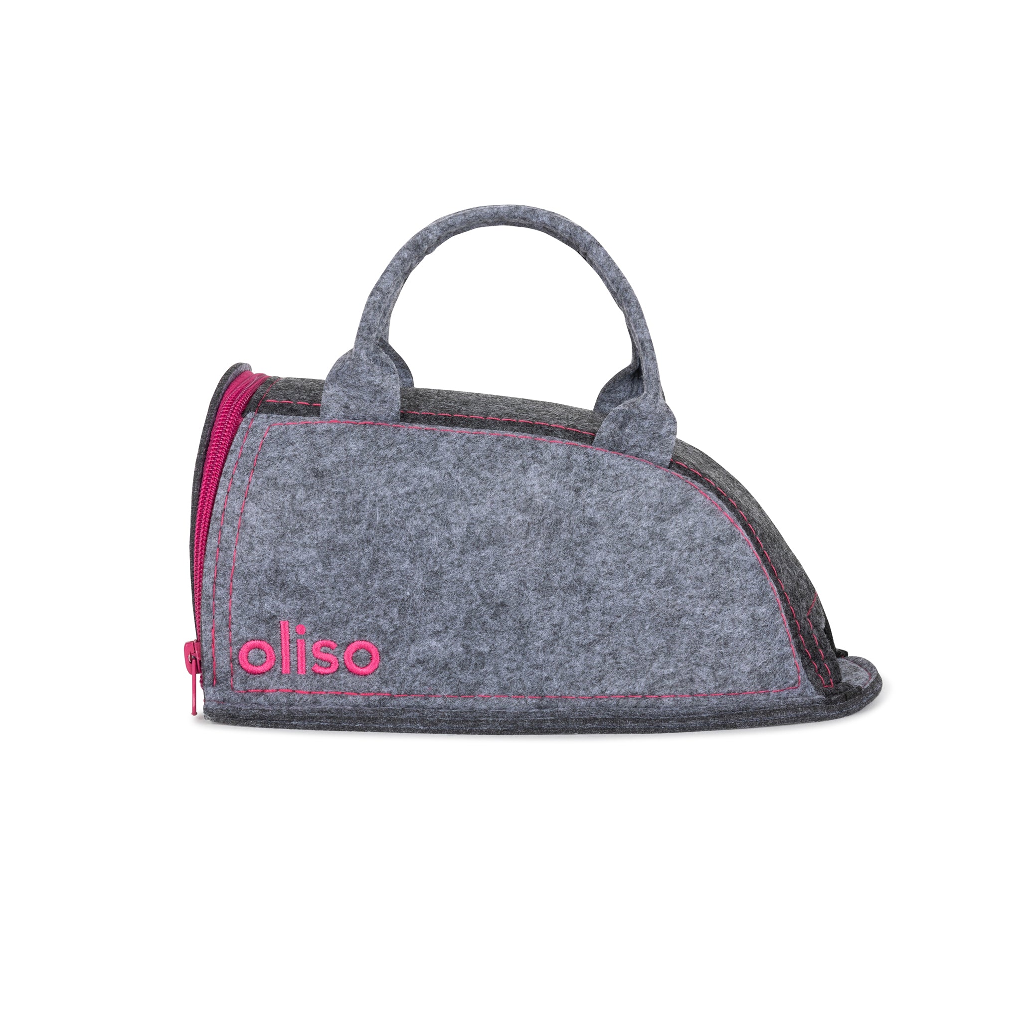 A small oliso carry bag in gray felt with raspberry accents, designed for holding oliso project irons.