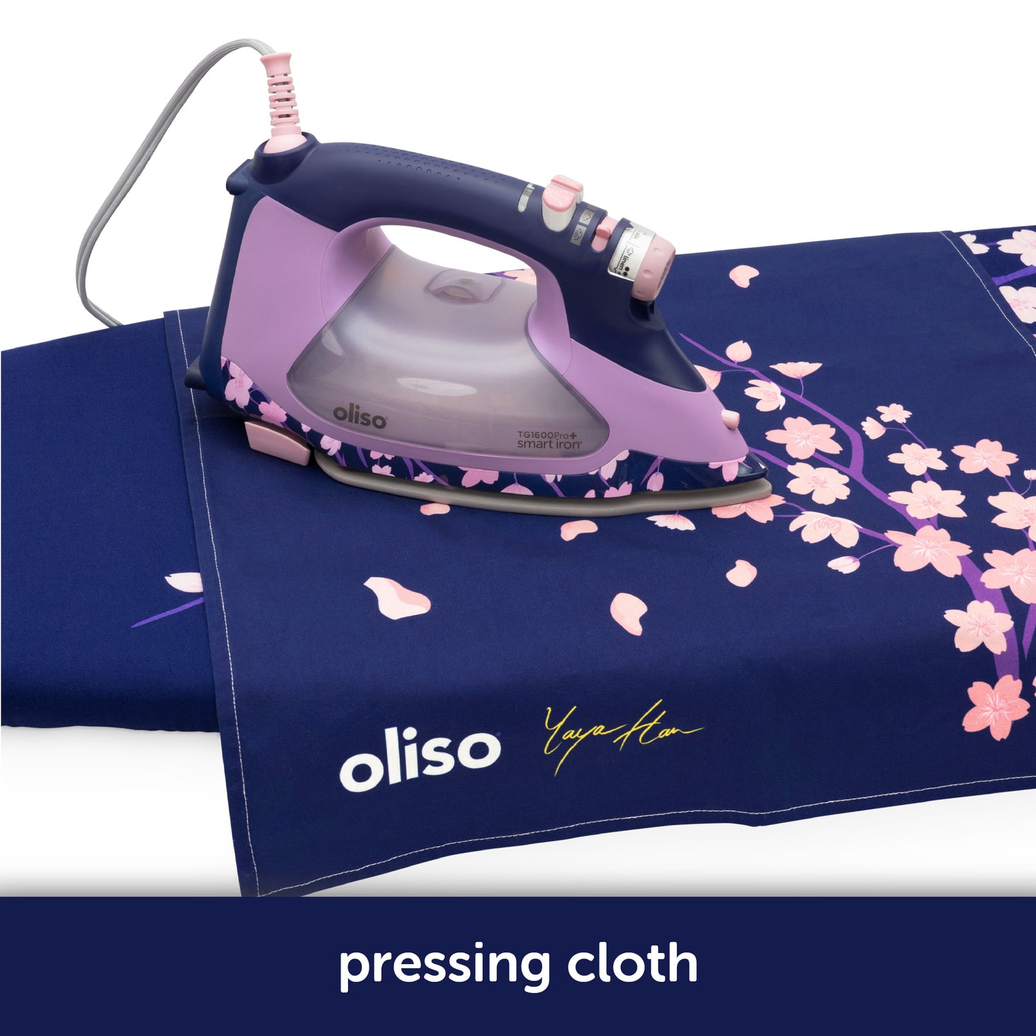 Oliso 100% cotton pressing cloth – Cherry Blossom Edition. A practical essential designed to protect delicate fabrics during pressing while adding a touch of beauty to your sewing space.