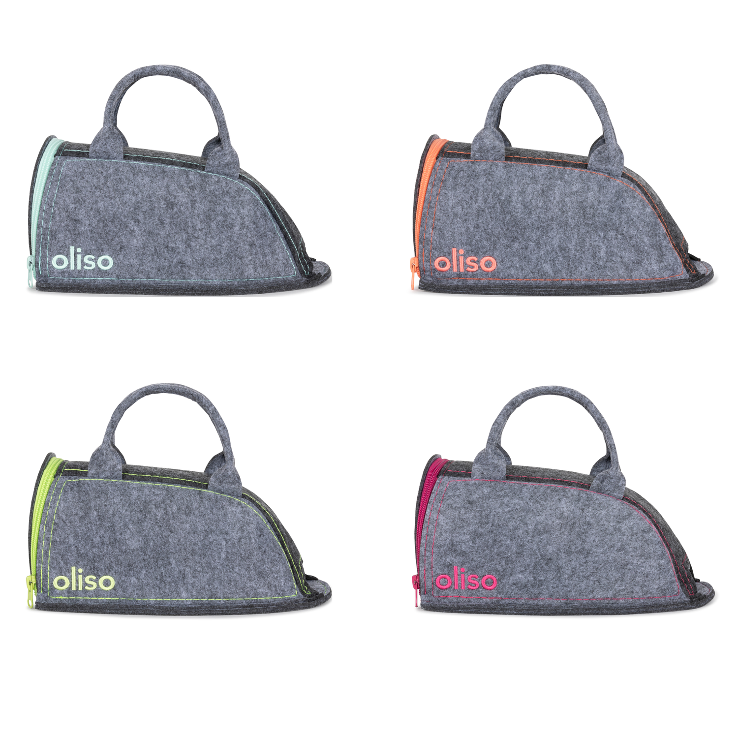 The new 4 M3color small carry bag side views in aqua, coral, pistachio & raspberry stitching & zipper, with gray felt, with Oliso brand embroidery stitching in the matching colors