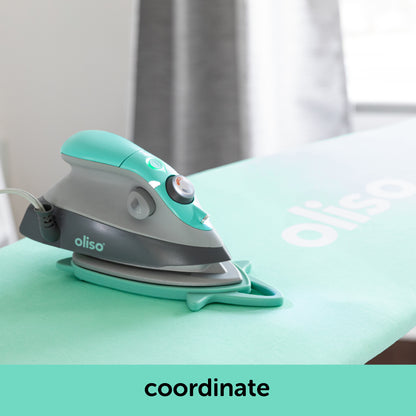 Image showing how the aqua oliso M3Pro project iron coordinates with the aqua ironing board cover. Each is sold separately.