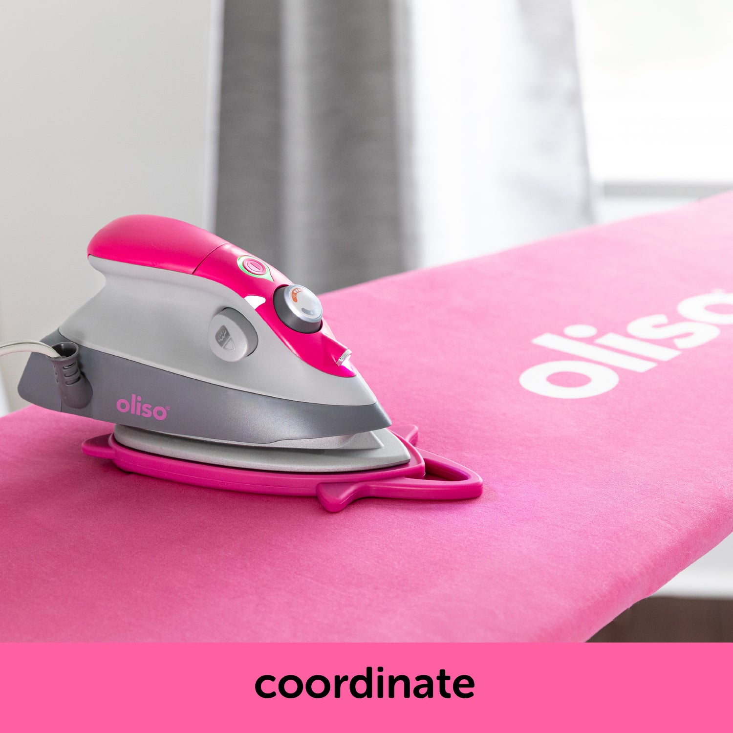 Image showing how the raspberry oliso M3Pro project iron coordinates with the raspberry ironing board cover. Each is sold separately.