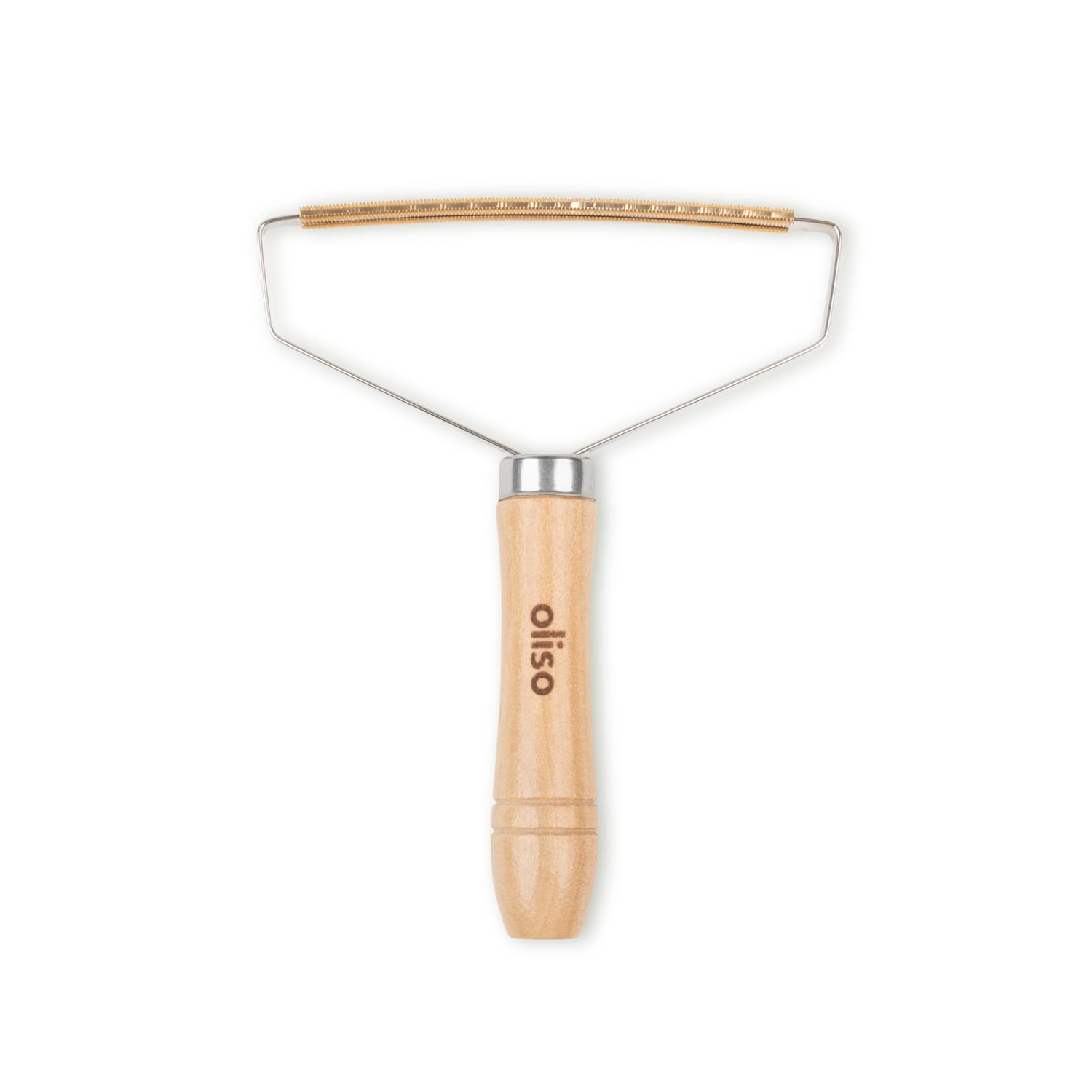 The Oliso MultiMat wool mat cleaning tool features a wooden handle, a steel frame, and a metal comb, designed for efficient removal of fibers and debris from pressing mats.
